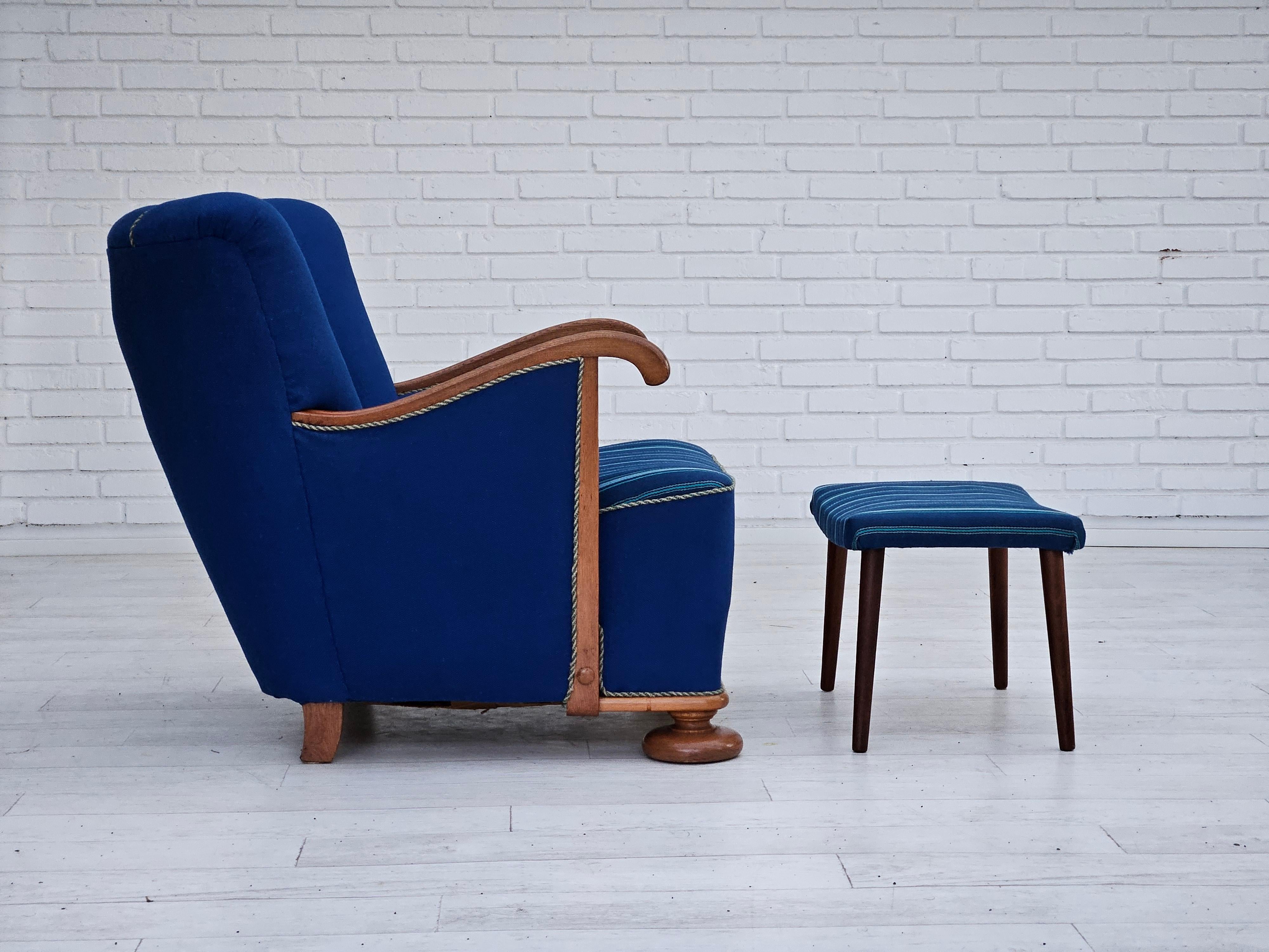 Scandinavian Modern 1960s, Danish relax chair with footstool, furniture wool, oak wood.