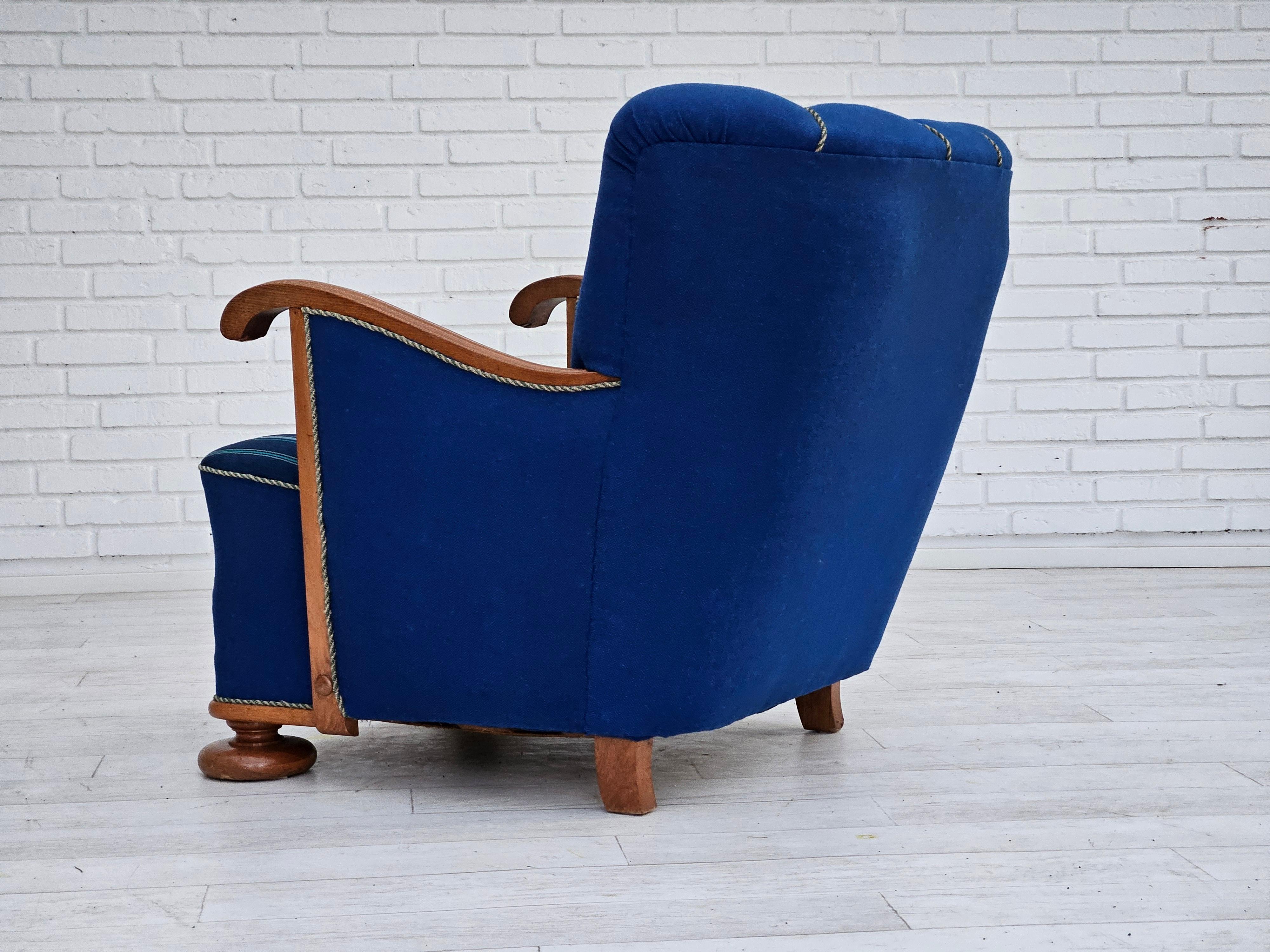 1960s, Danish relax chair with footstool, furniture wool, oak wood. 2