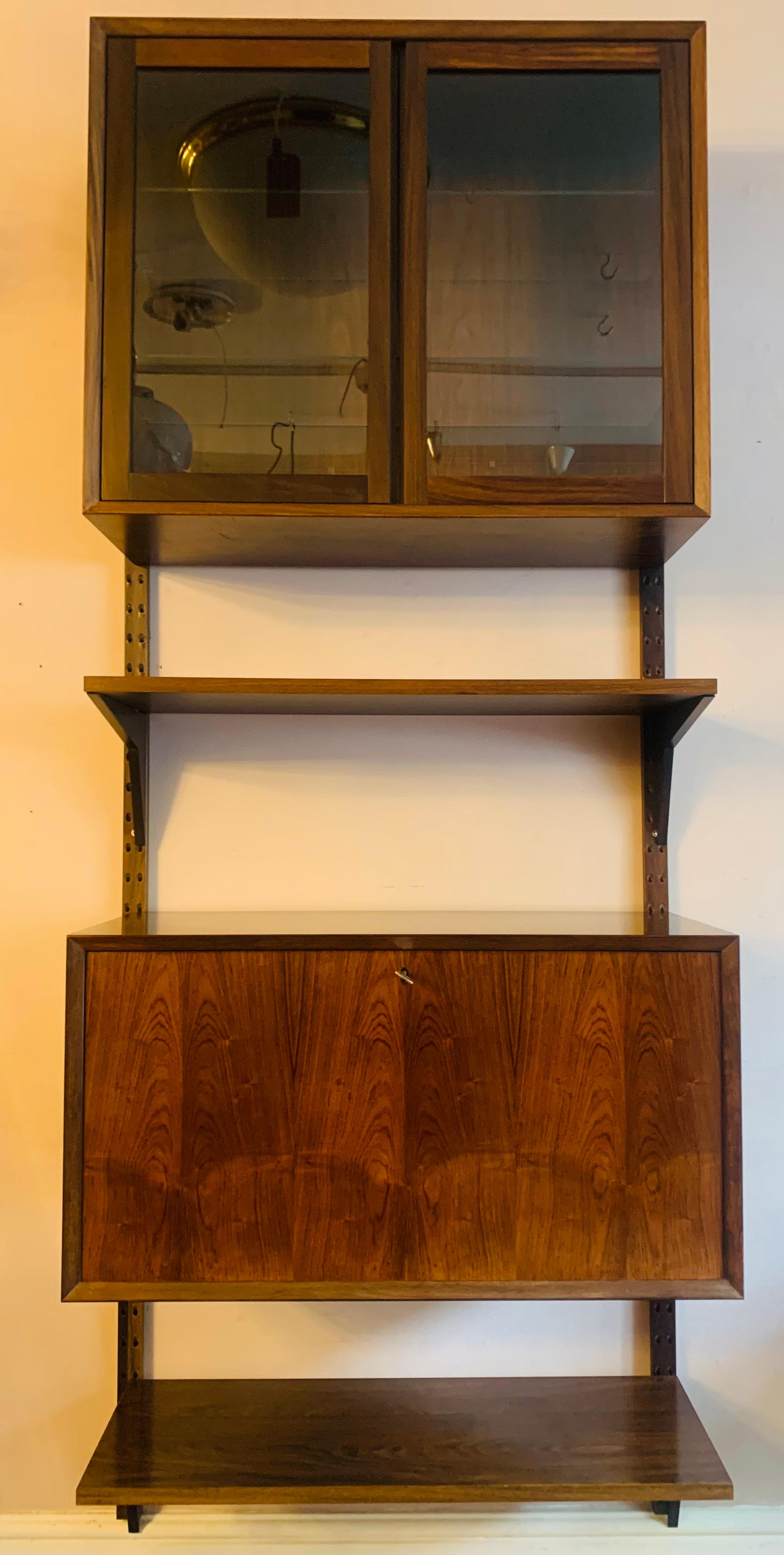 Brass 1960s Danish Rosewood Veneer Wall Unit Bookcase by Poul Cadovius for Cado