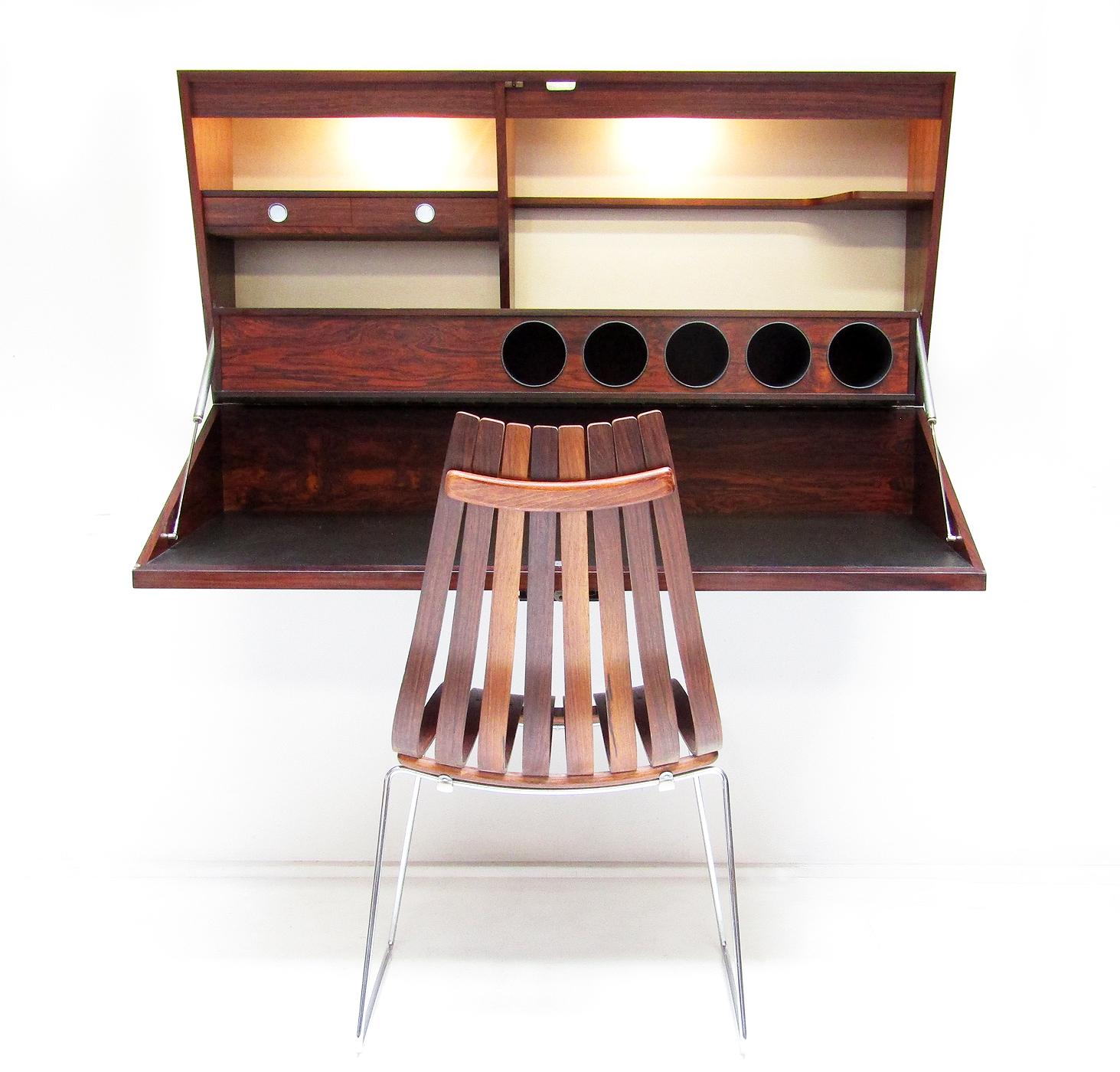 Chrome 1960s, Danish Roswood Wall-Mounted Bar / Desk by Erik Buch for Dyrlund For Sale