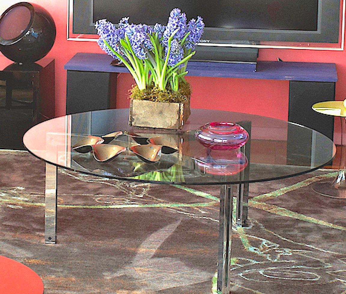 Mid-Century Modern 1960s Danish Round Chrome and Glass Coffee Table I T S of PK Scimitar Table