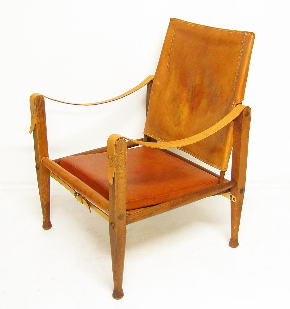 Mid-Century Modern 1960s Danish Safari Chair in Tan Leather and Ash by Kaare Klint
