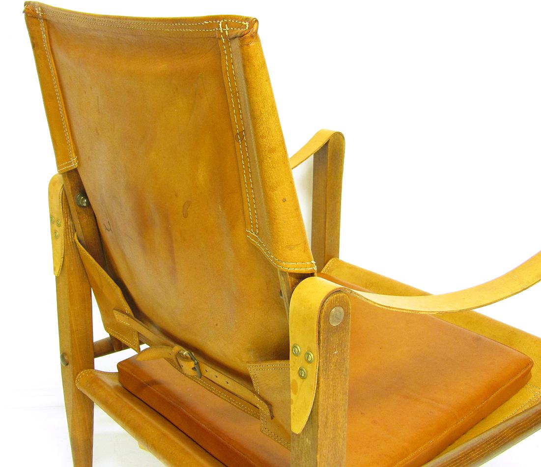 1960s Danish Safari Chair in Tan Leather and Ash by Kaare Klint 1