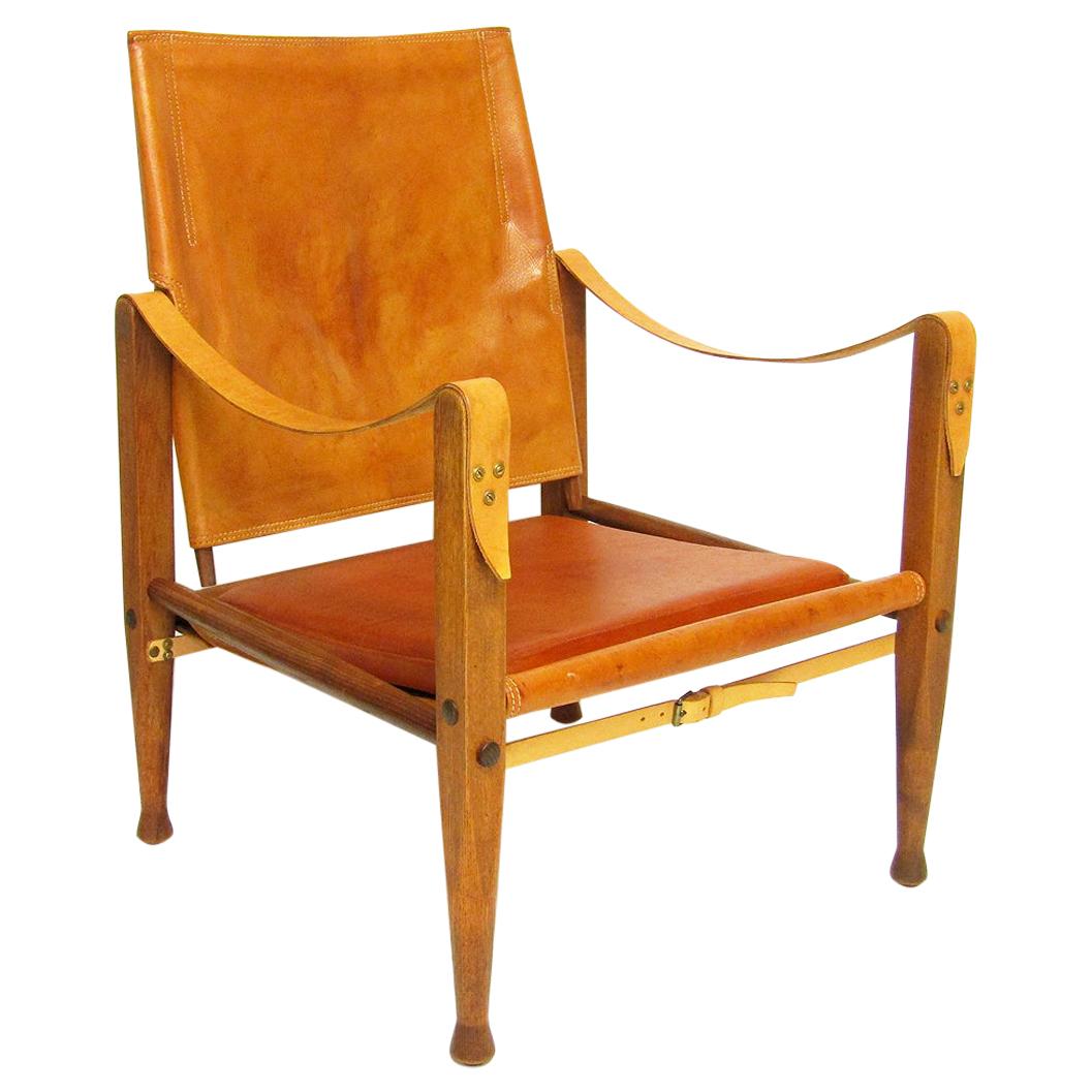 1960s Danish Safari Chair in Tan Leather and Ash by Kaare Klint