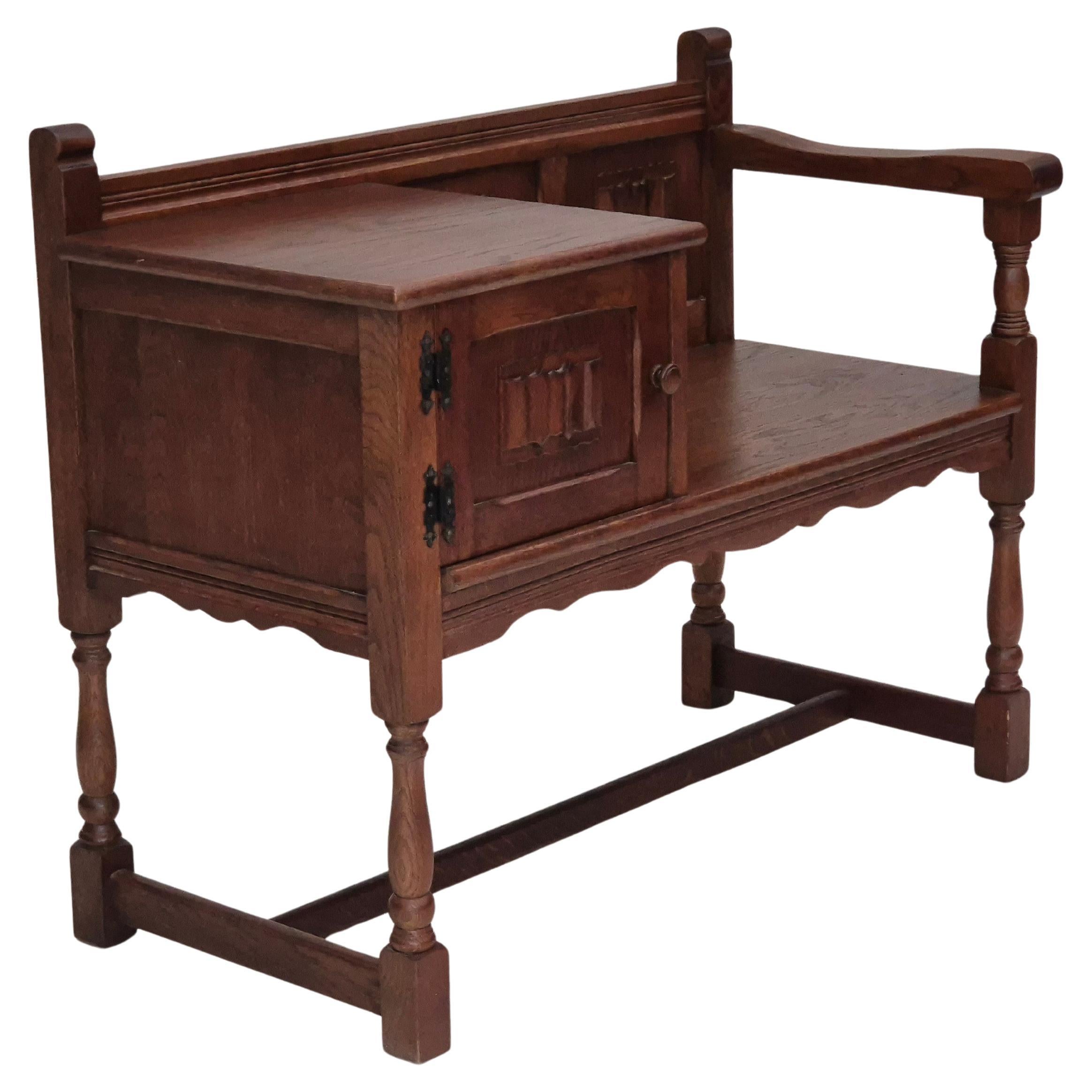 1960s, Danish side bench, dark solid oak wood, plywood.