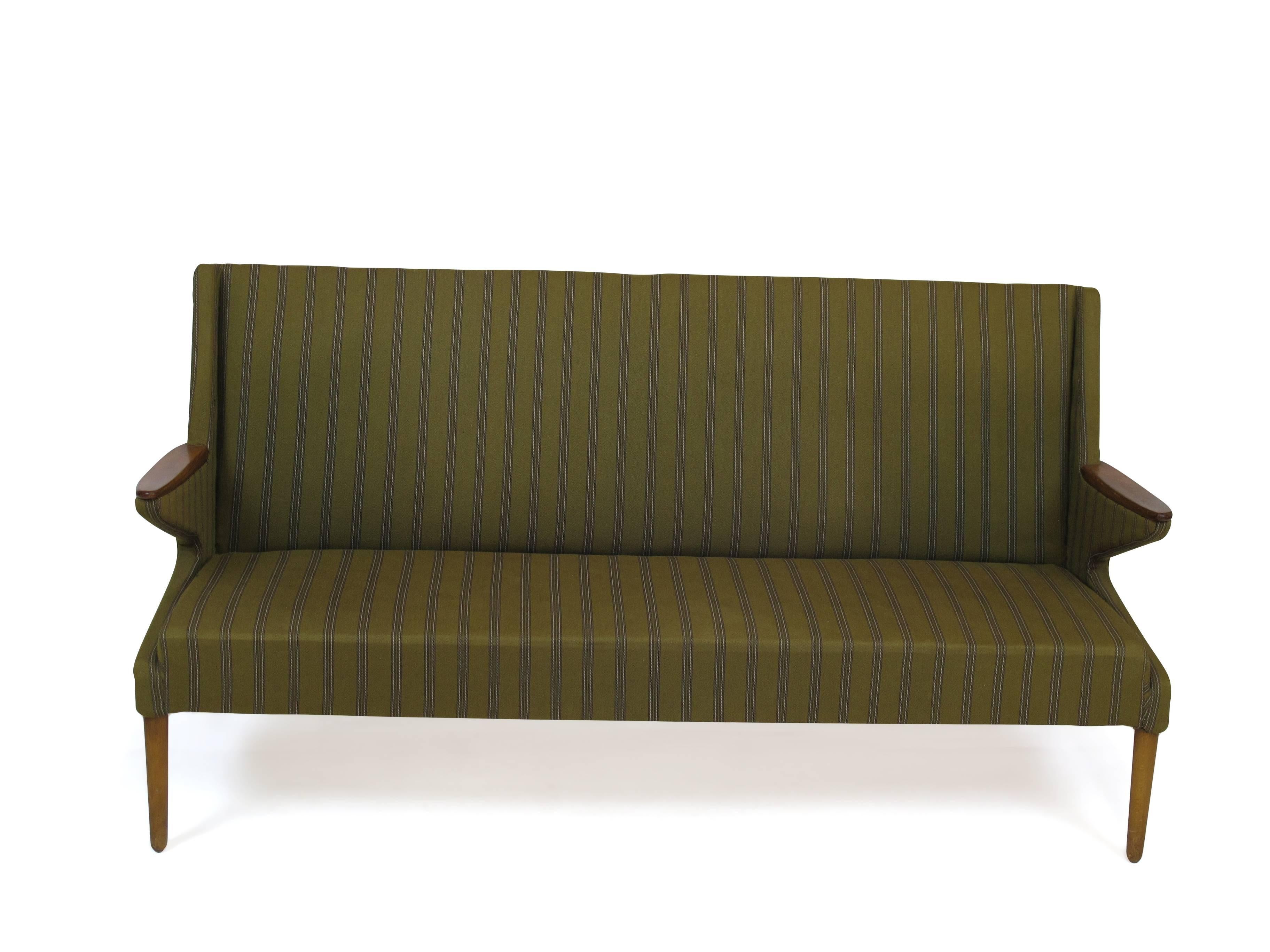 Mid-Century Modern 1960s Danish Sofa in the Original Green Wool with Teak Arms
