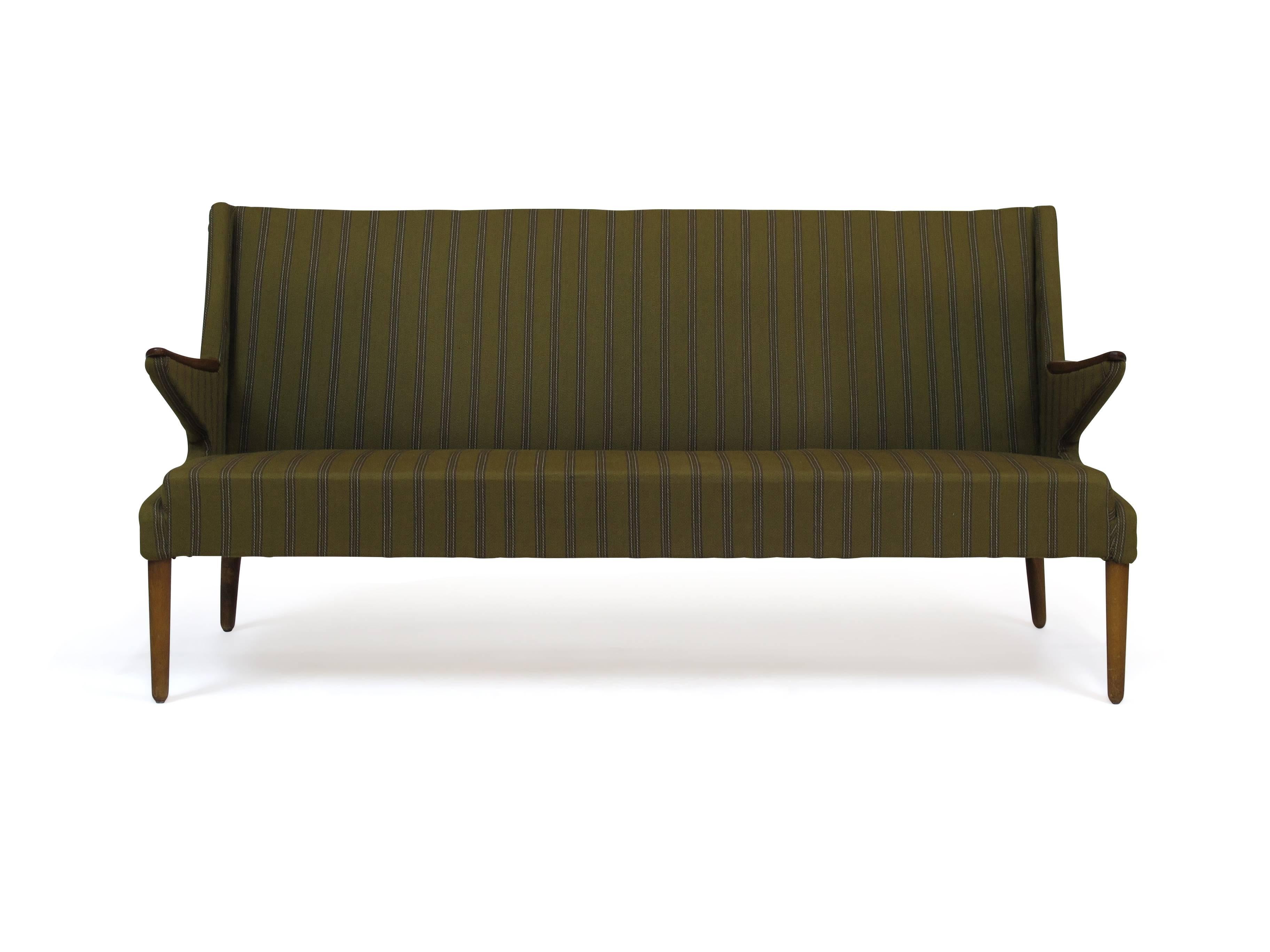 1960s Danish Sofa in the Original Green Wool with Teak Arms In Good Condition In Oakland, CA