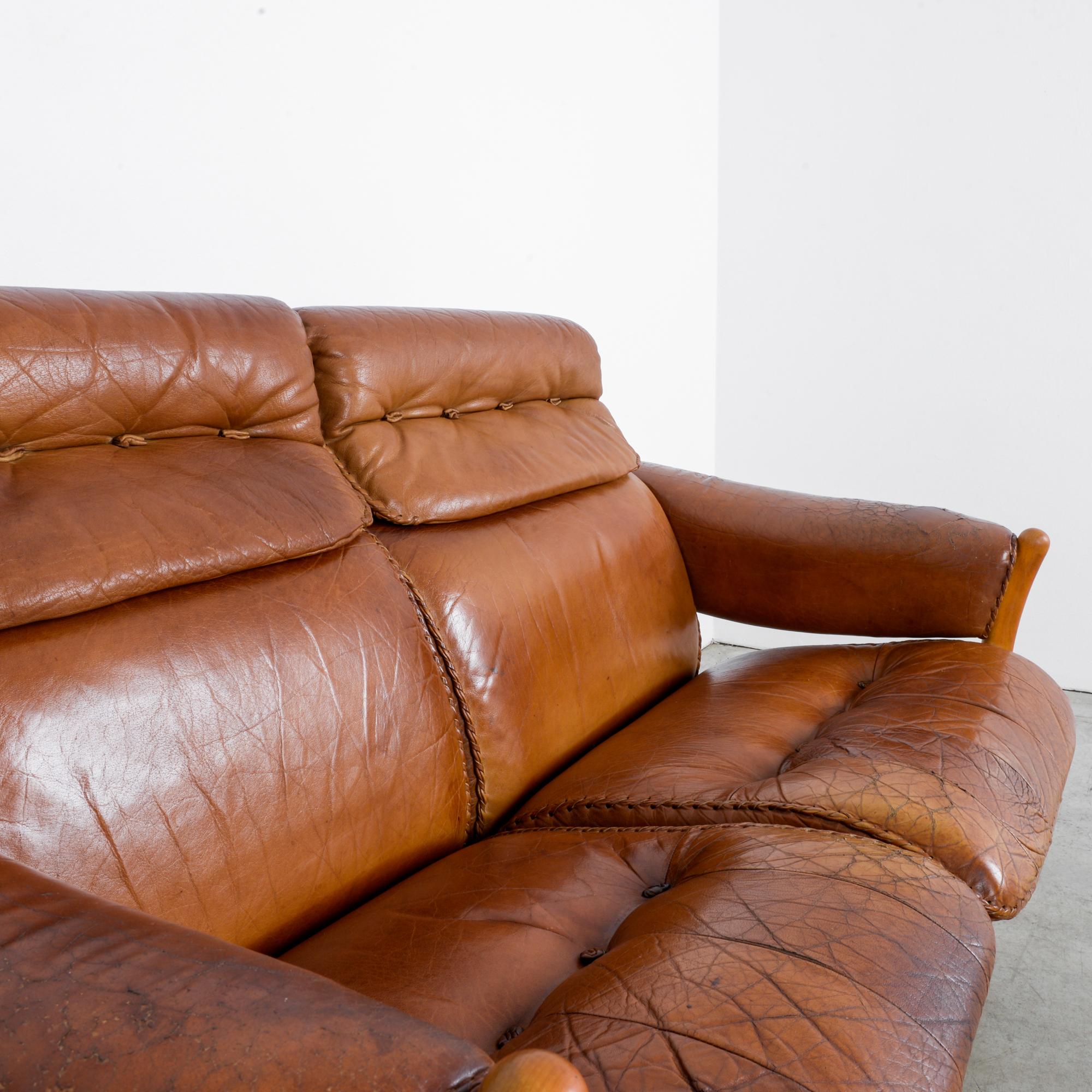 Mid-20th Century 1960s Danish Stitched Leather Sofa