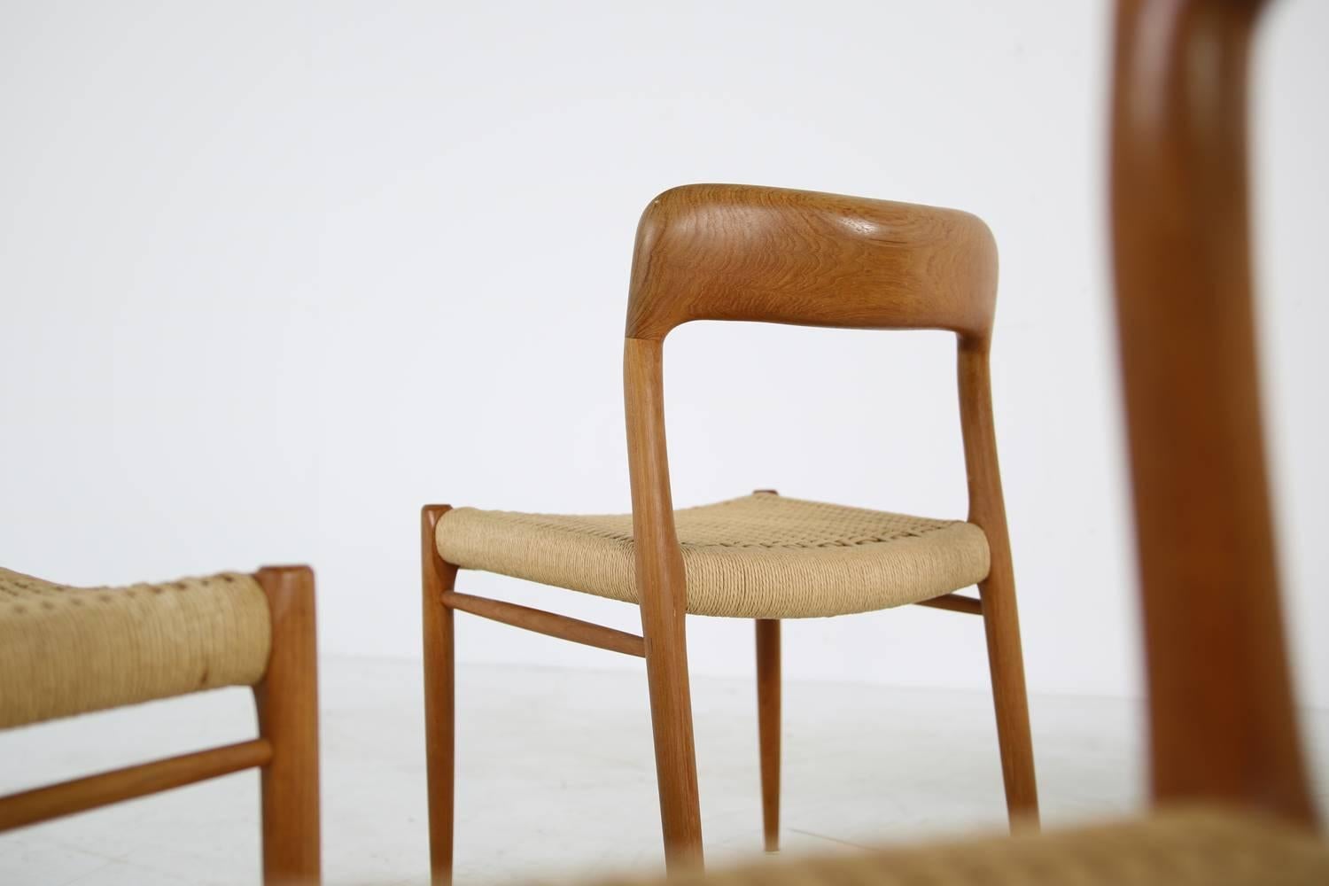 Mid-Century Modern Six 1960s Danish Teak and Cane Dining Room Chairs by Niels O. Moller Mod. 75