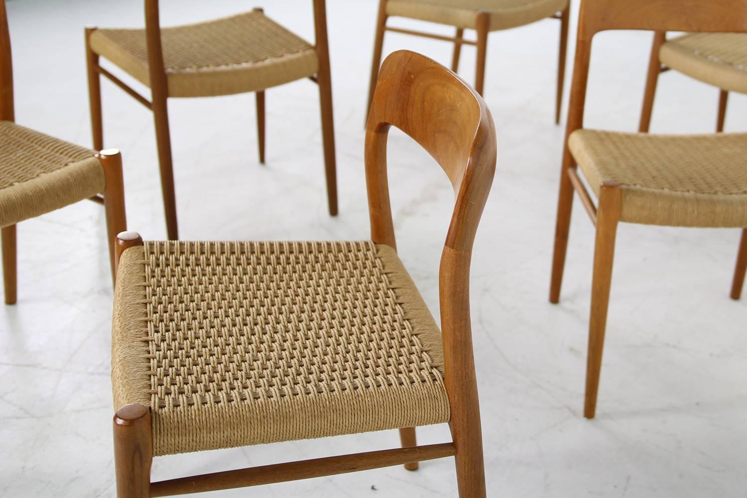 Mid-20th Century Six 1960s Danish Teak and Cane Dining Room Chairs by Niels O. Moller Mod. 75