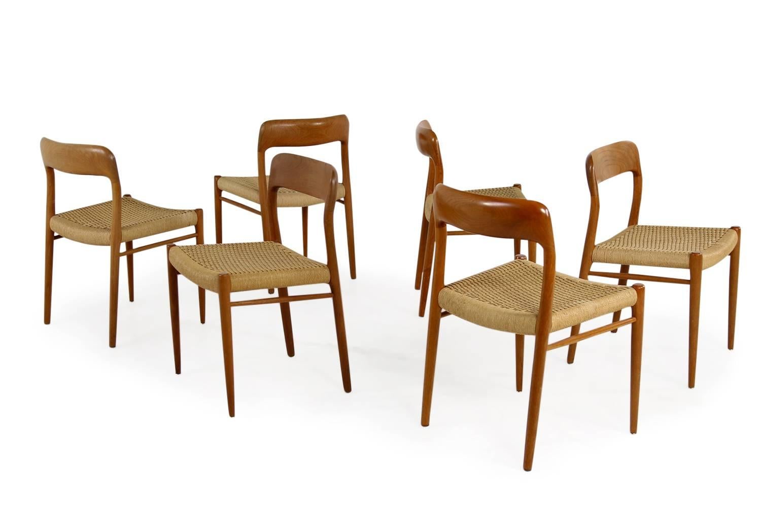 Six 1960s Danish Teak and Cane Dining Room Chairs by Niels O. Moller Mod. 75 1