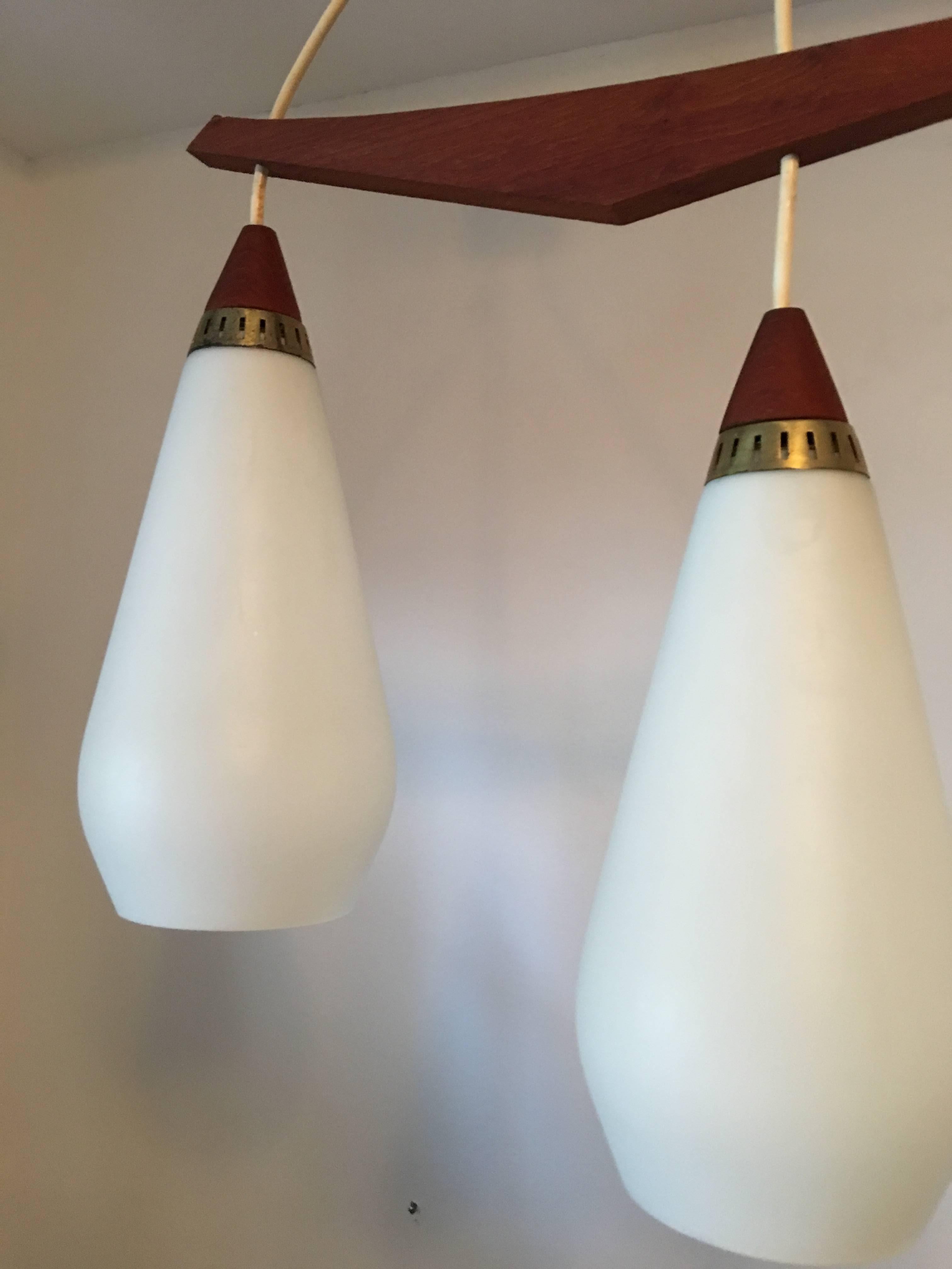 1960s Danish Teak and Milk Glass Chandelier In Good Condition For Sale In Frisco, TX
