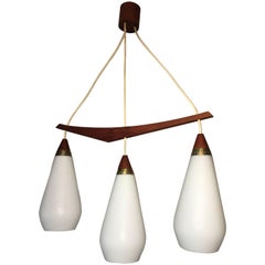 1960s Danish Teak and Milk Glass Chandelier