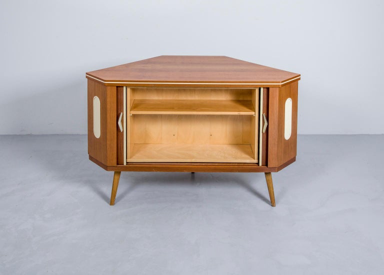 1960s Danish Teak Corner Bar Drinks Cabinet With Ritating Shelf