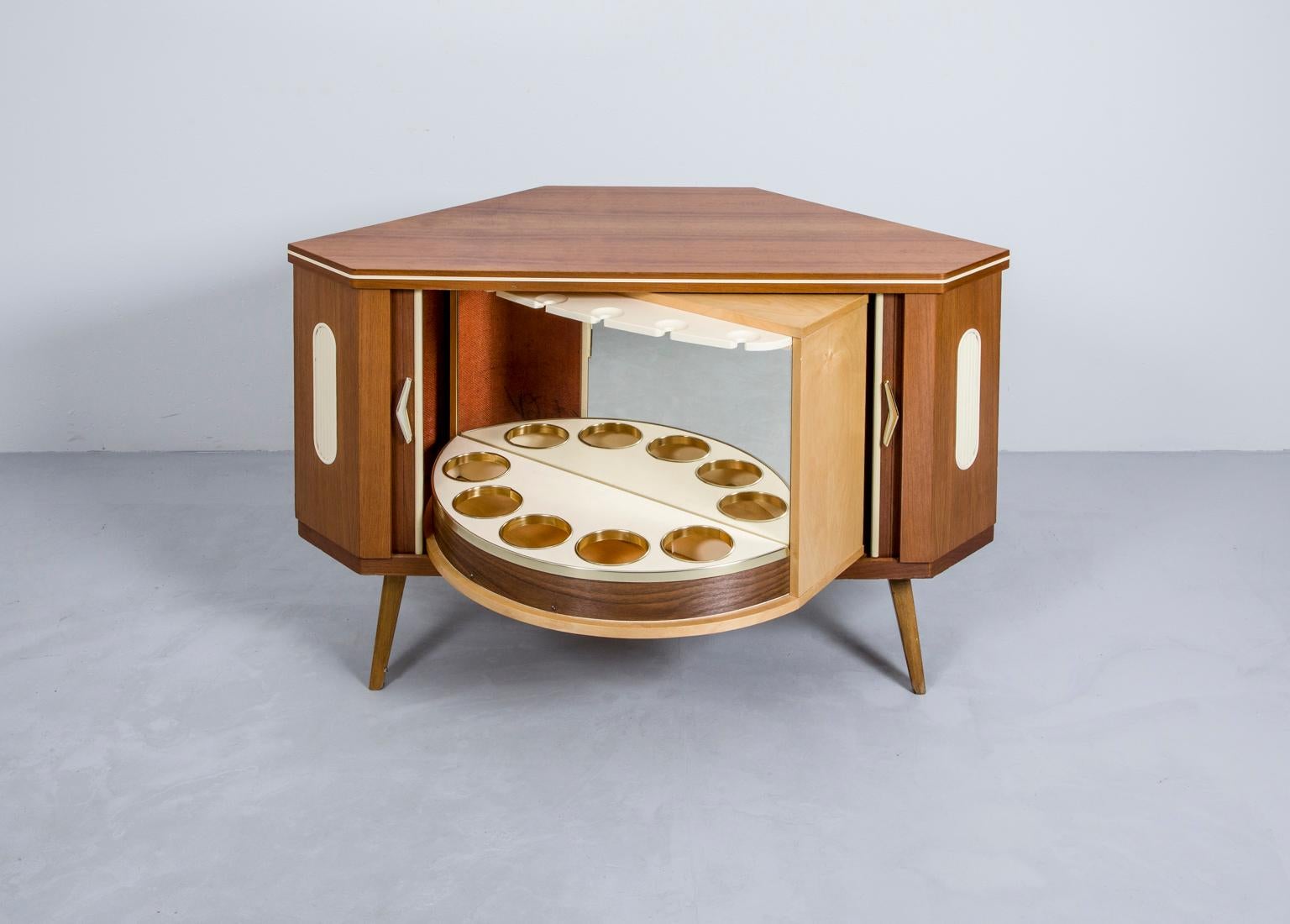 Mid-Century Modern 1960s Danish Teak Corner Bar Drinks Cabinet with rotating Shelf For Sale