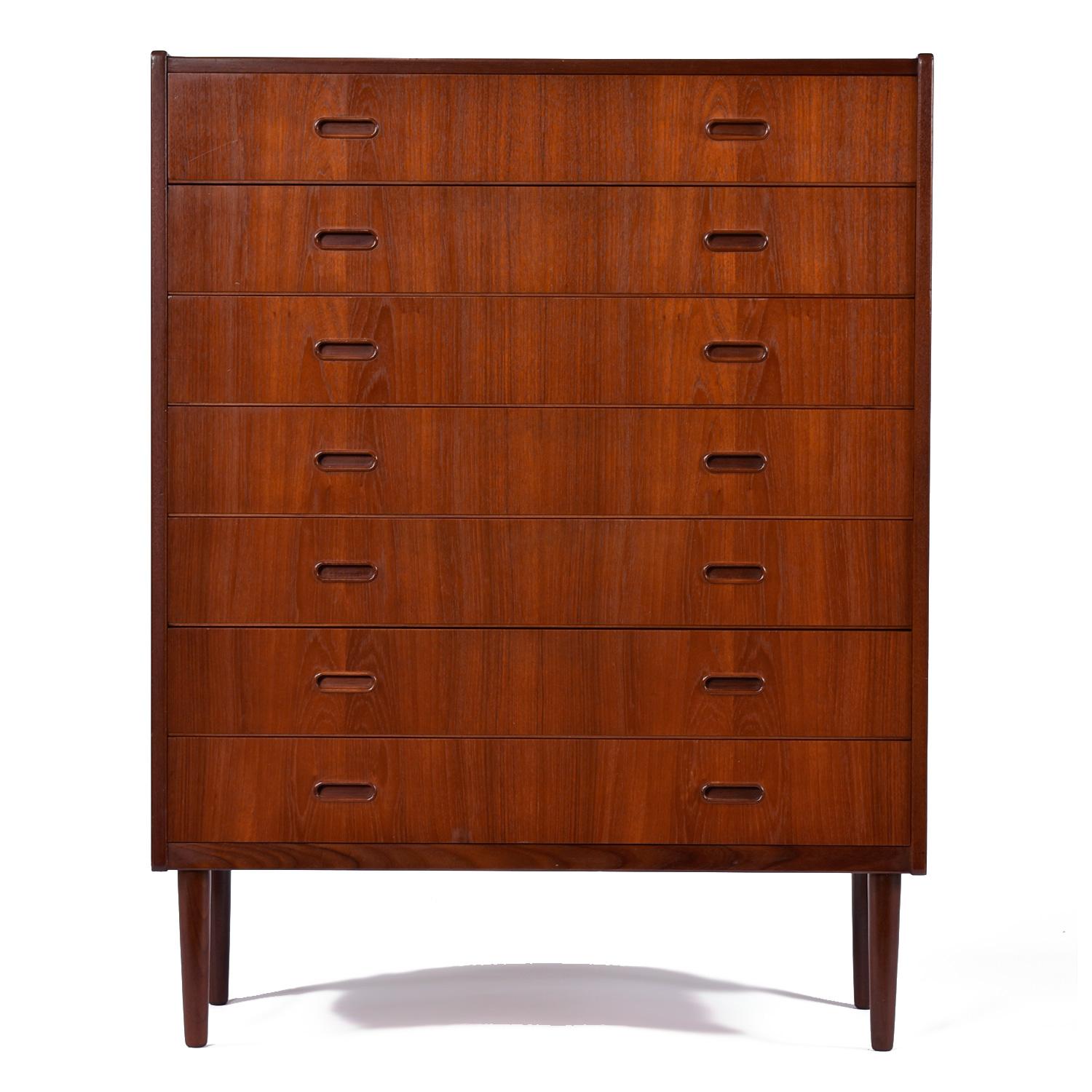 Veneer 1960's Danish Teak Highboy Chest Dresser With Carved Oval Recessed Pulls For Sale