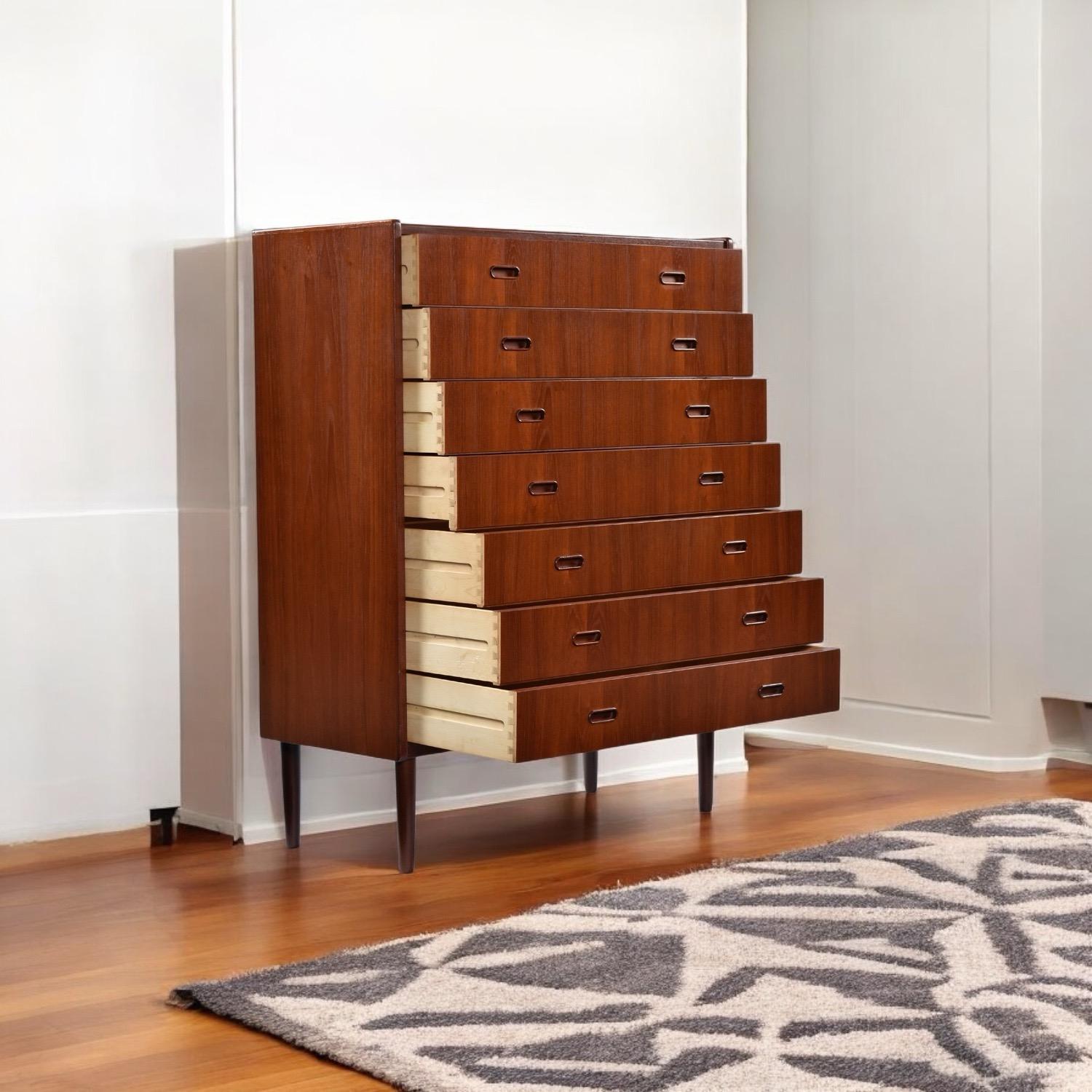 Scandinavian Modern 1960's Danish Teak Highboy Chest Dresser With Carved Oval Recessed Pulls For Sale