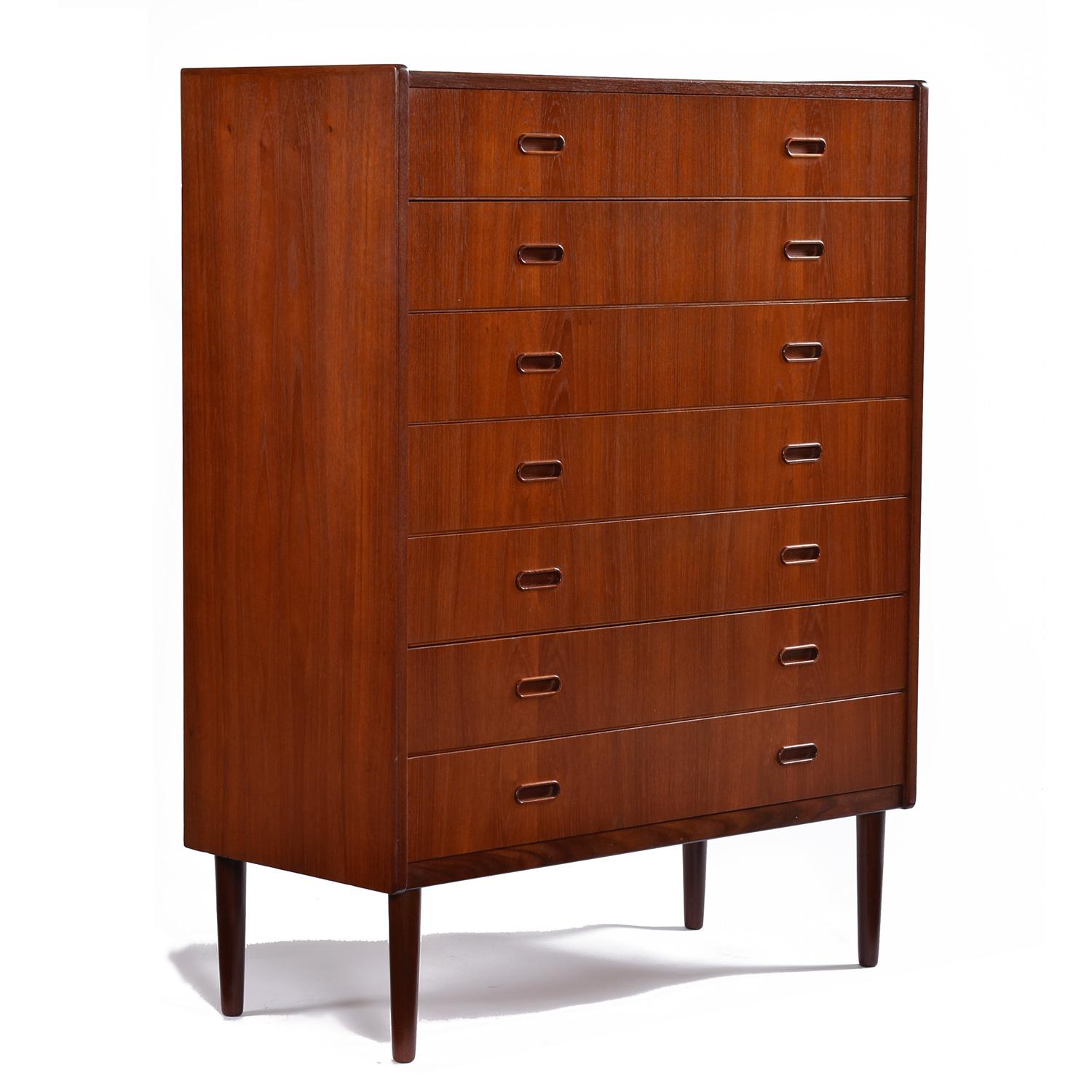 1960's Danish Teak Highboy Chest Dresser With Carved Oval Recessed Pulls In Good Condition For Sale In Chattanooga, TN