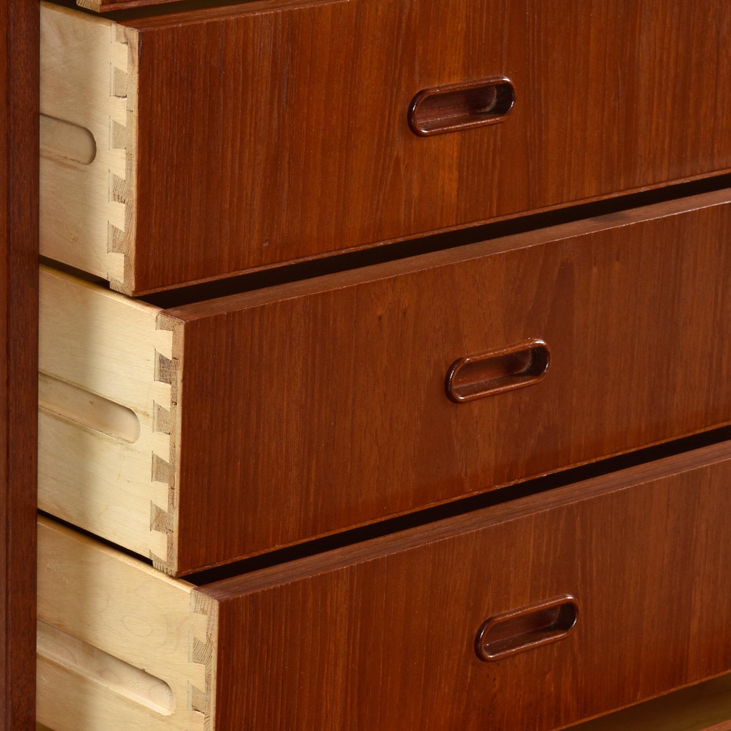 20th Century 1960's Danish Teak Highboy Chest Dresser With Carved Oval Recessed Pulls For Sale