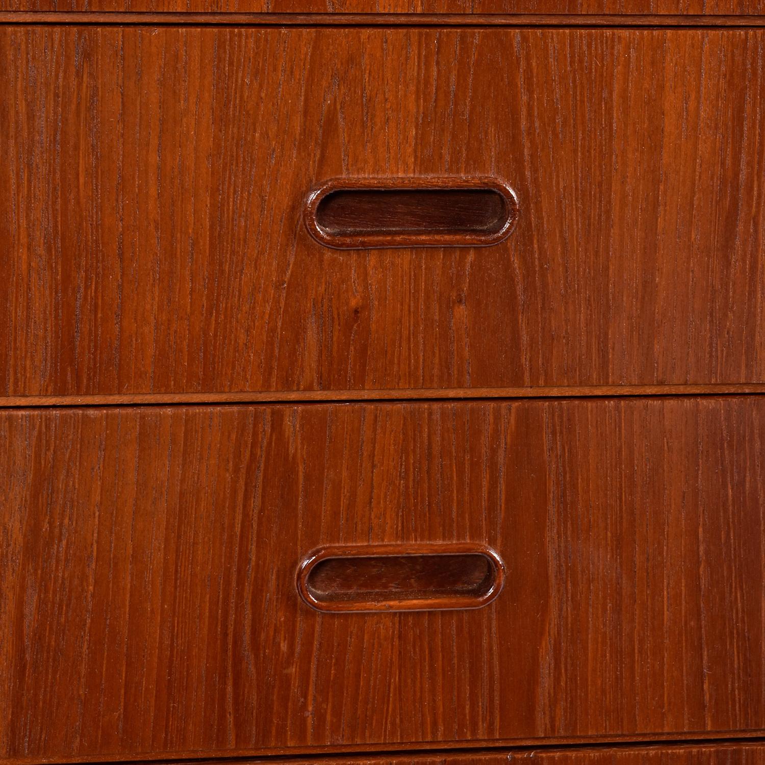 1960's Danish Teak Highboy Chest Dresser With Carved Oval Recessed Pulls For Sale 1