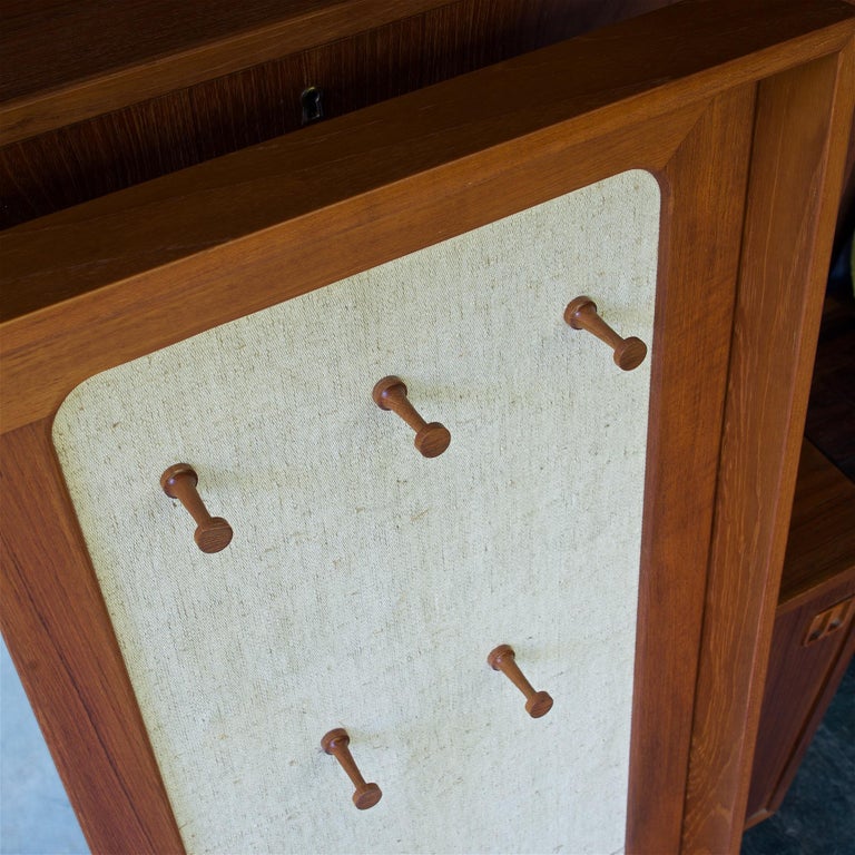 1960s Danish Teak + Linen Pier Mirror with Storage Coat Rack Pouches
