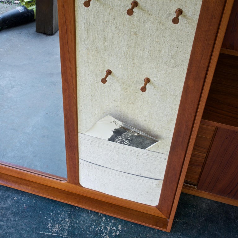 1960s Danish Teak + Linen Pier Mirror with Storage Coat Rack Pouches