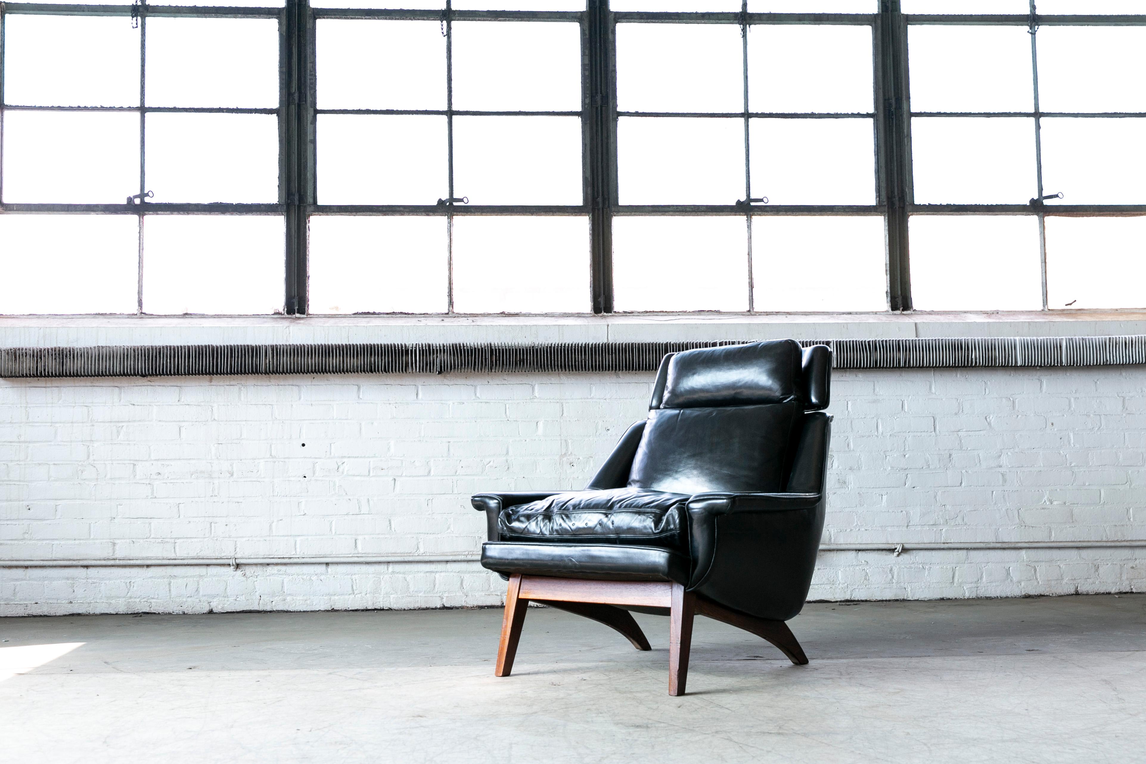 Mid-Century Modern 1960's Danish Teak Lounge Chair for ESA by Langfeld Design in Black Leather