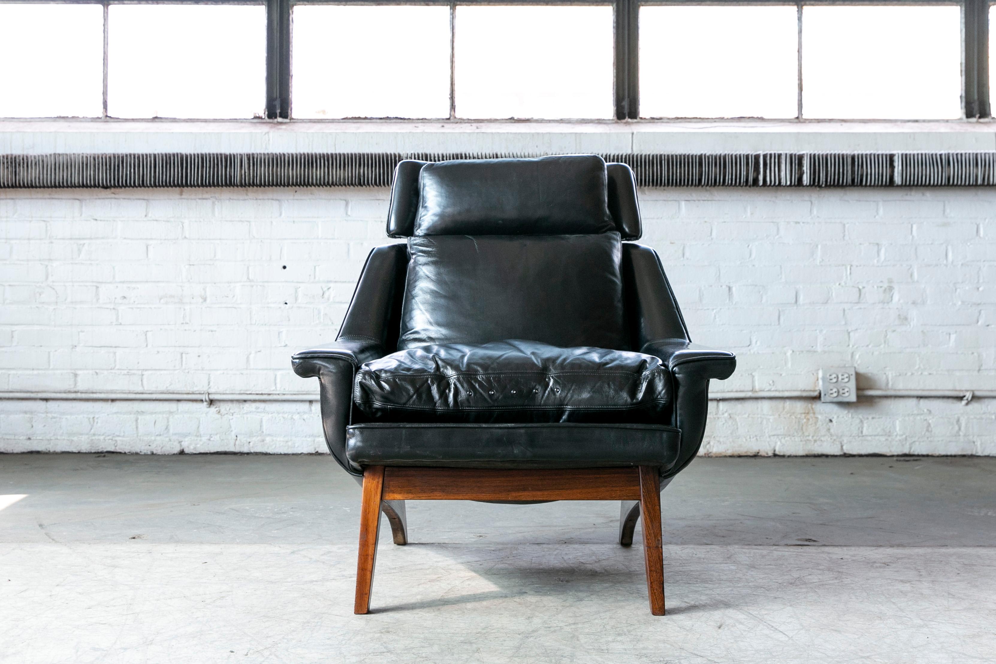 Mid-20th Century 1960's Danish Teak Lounge Chair for ESA by Langfeld Design in Black Leather