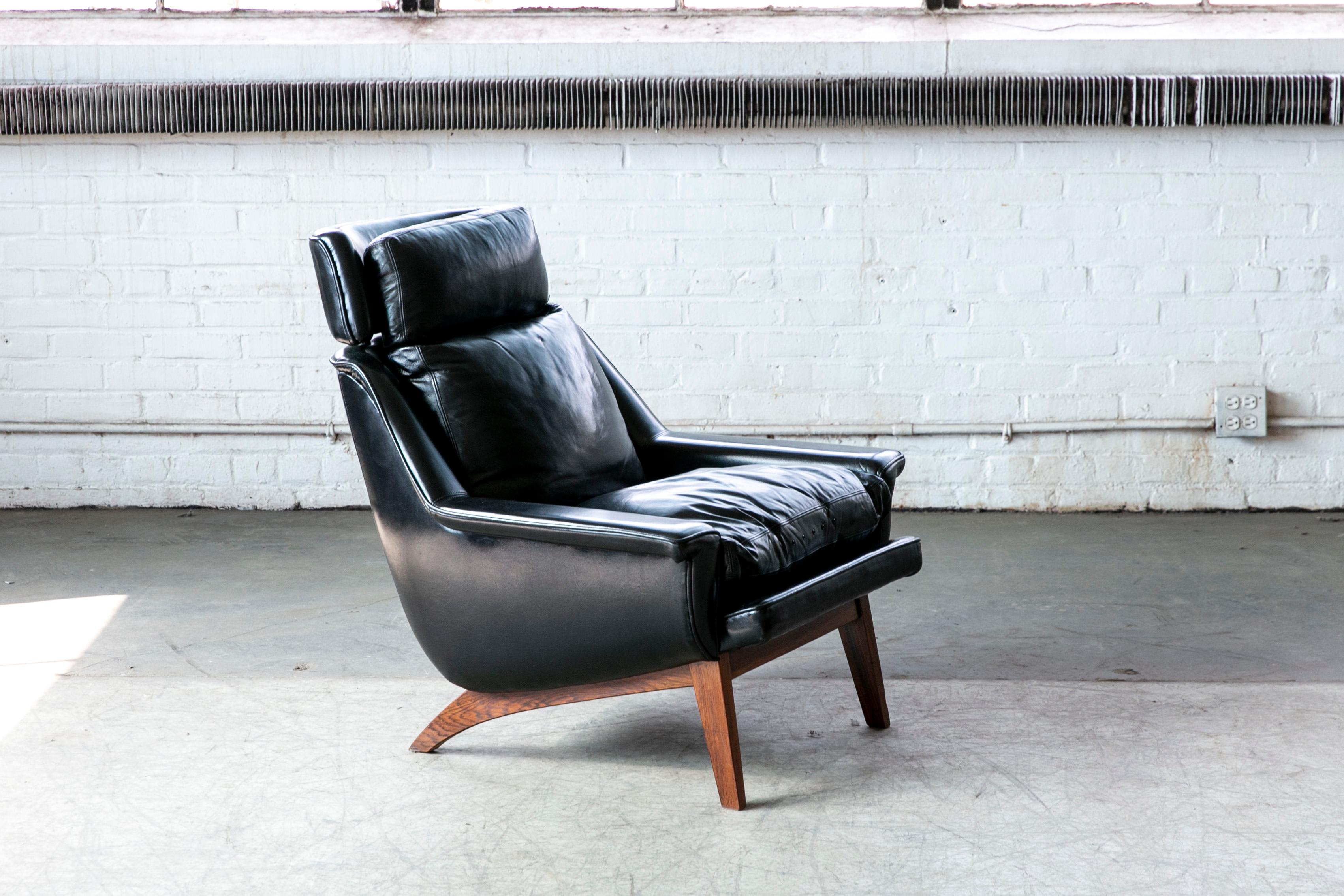 1960's Danish Teak Lounge Chair for ESA by Langfeld Design in Black Leather 1