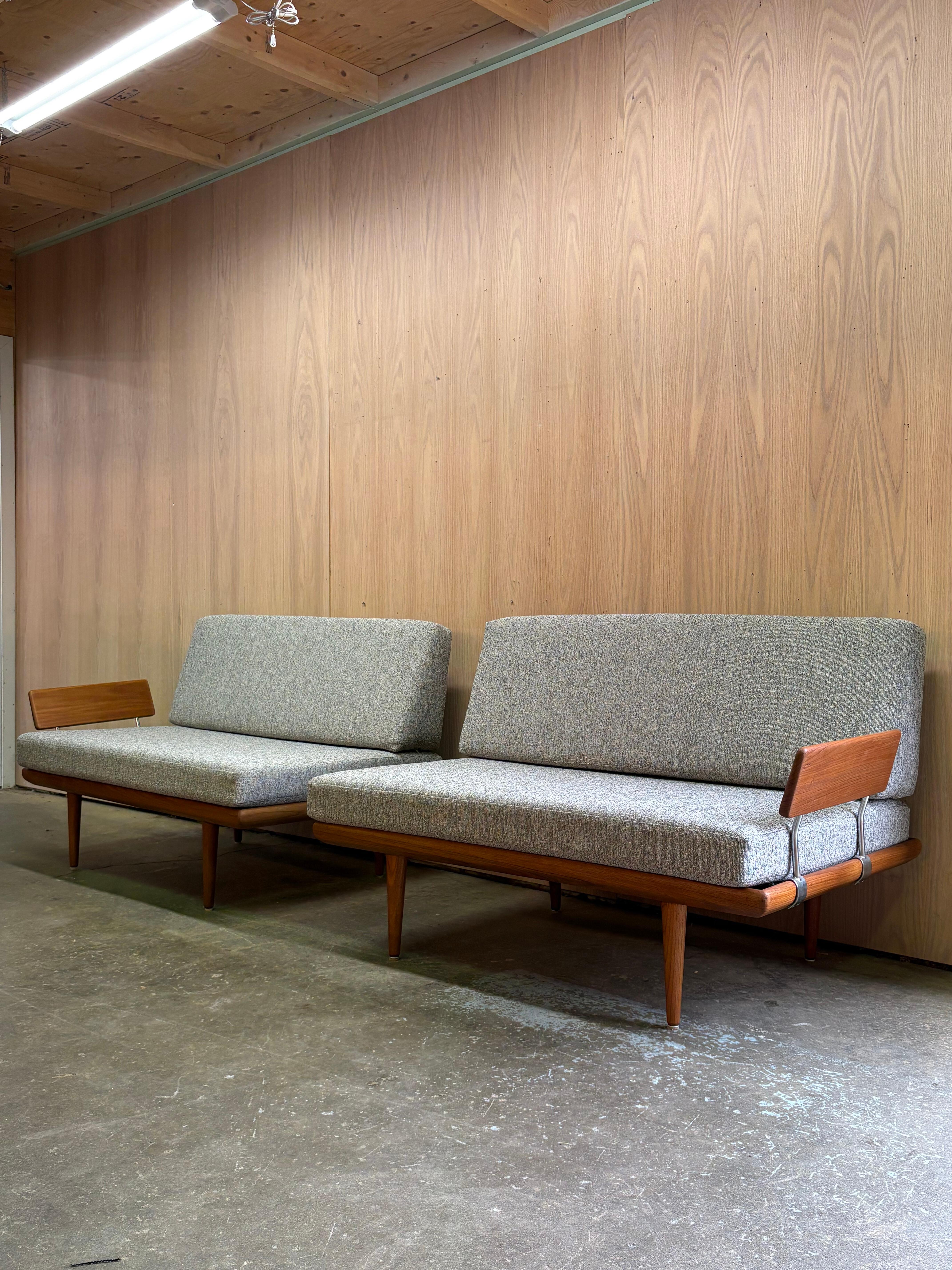 A beautifully restored 1960s Danish teak “Minerva” daybed and sofa designed by Peter Hvidt for France & Son. This iconic modular form showcases Hvidt’s signature balance of clean lines, sculptural teak, and clever functionality. Our team has fully