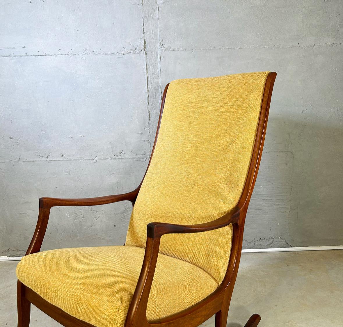 20th Century 1960s Danish Teak Rocking Chair with Yellow Upholstery and Elegant Woodwork For Sale
