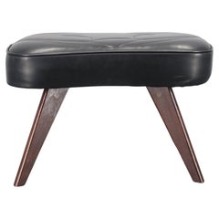 Vintage 1960s Danish Teak Stool in Black Leather