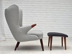 1960s, Danish "Teddy chair" avec tabouret, reupholstered, wool, teak wood.