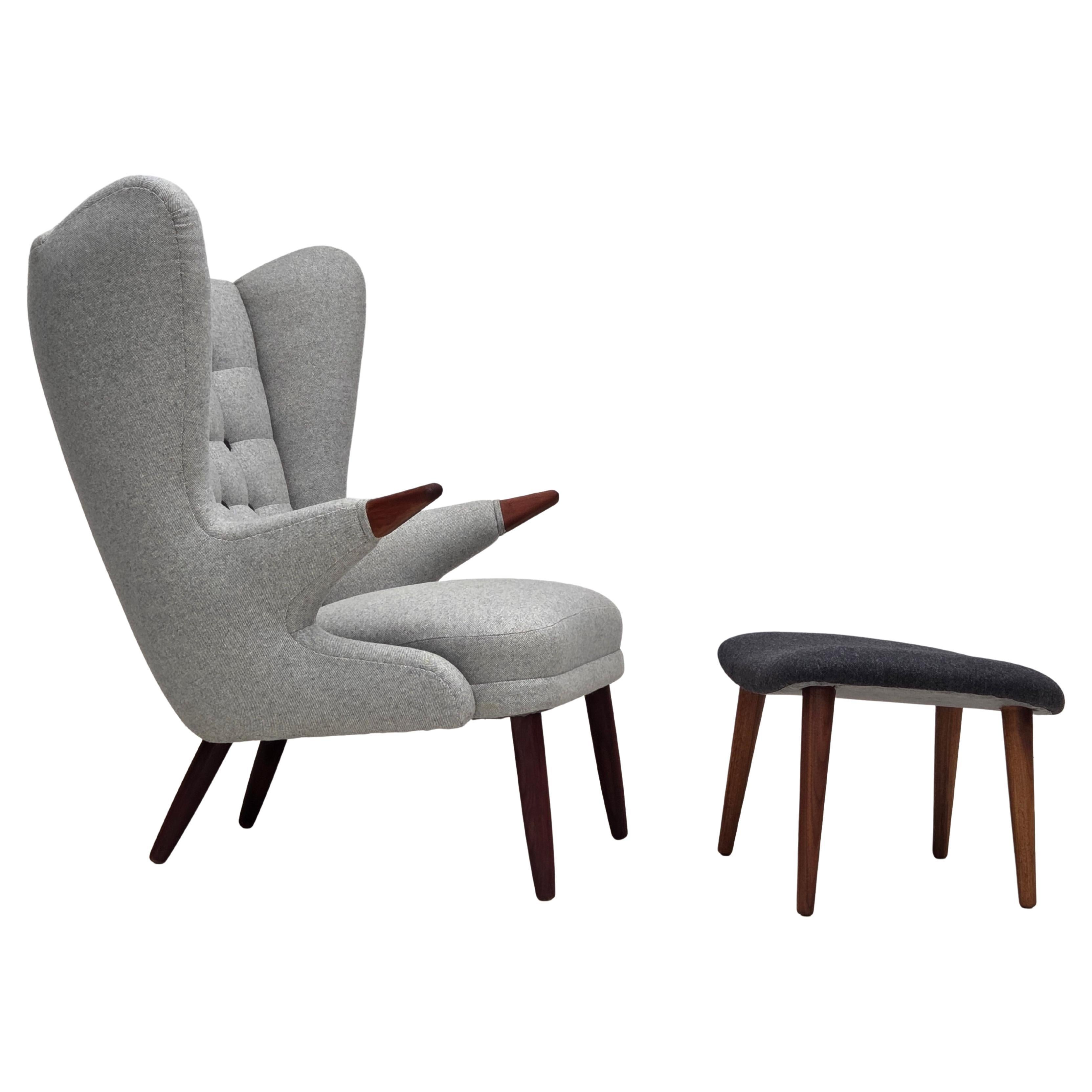 1960s, Danish "Teddy chair" with stool, reupholstered, wool, teak wood. en venta