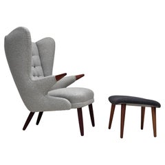 1960s, Danish "Teddy chair" with stool, reupholstered, wool, teak wood.