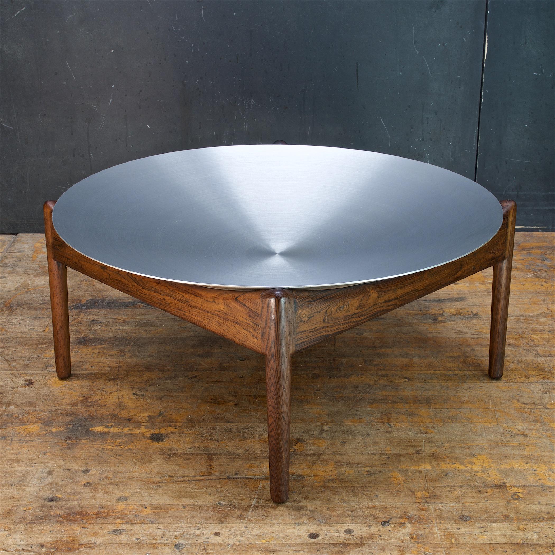 Scandinavian Modern 1960s Danish UFO Side Table Catch All Aluminum + Rosewood Fruit Bowl Vintage For Sale