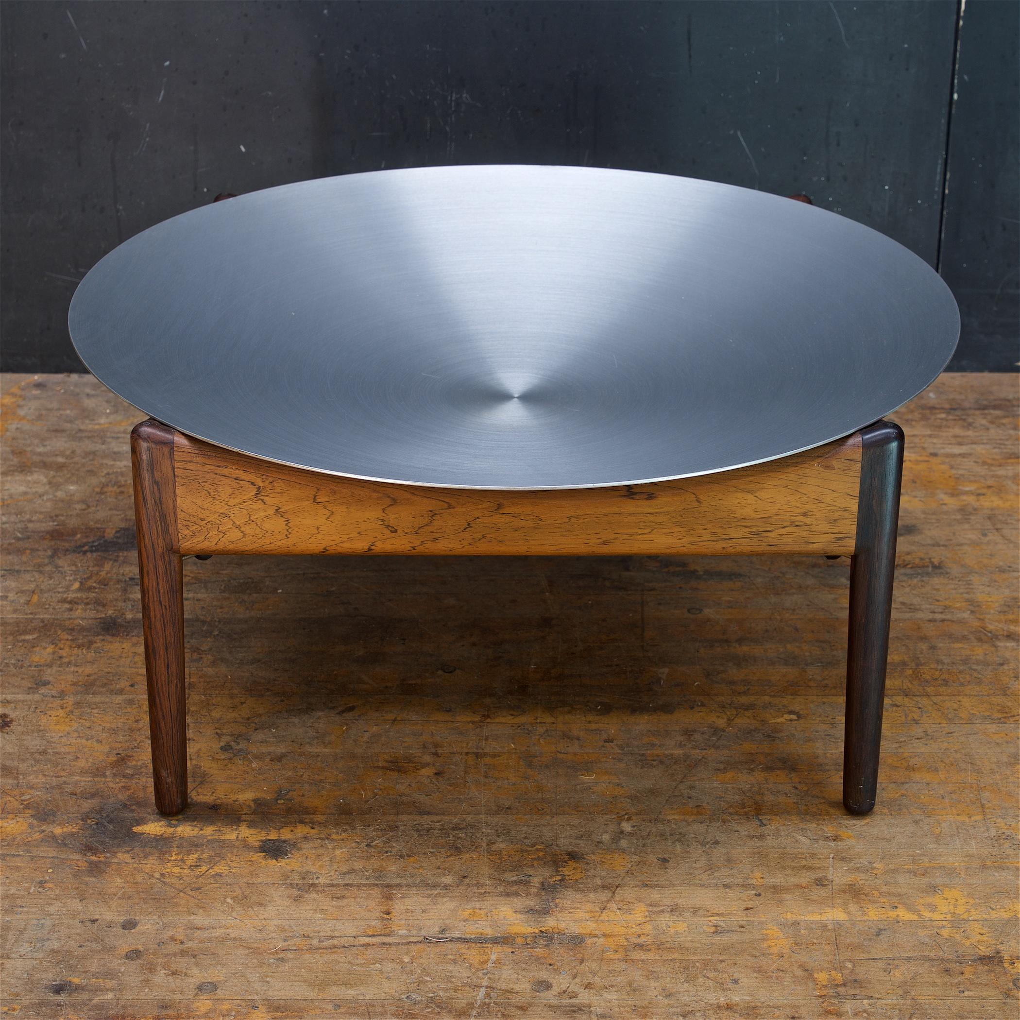 Scandinavian Modern 1960s Danish UFO Side Table Catch All Aluminum + Rosewood Fruit Bowl Vintage For Sale