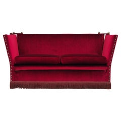 1960s, Danish velour 2 seater drop arm sofa, cherry-red velour, ash wood.