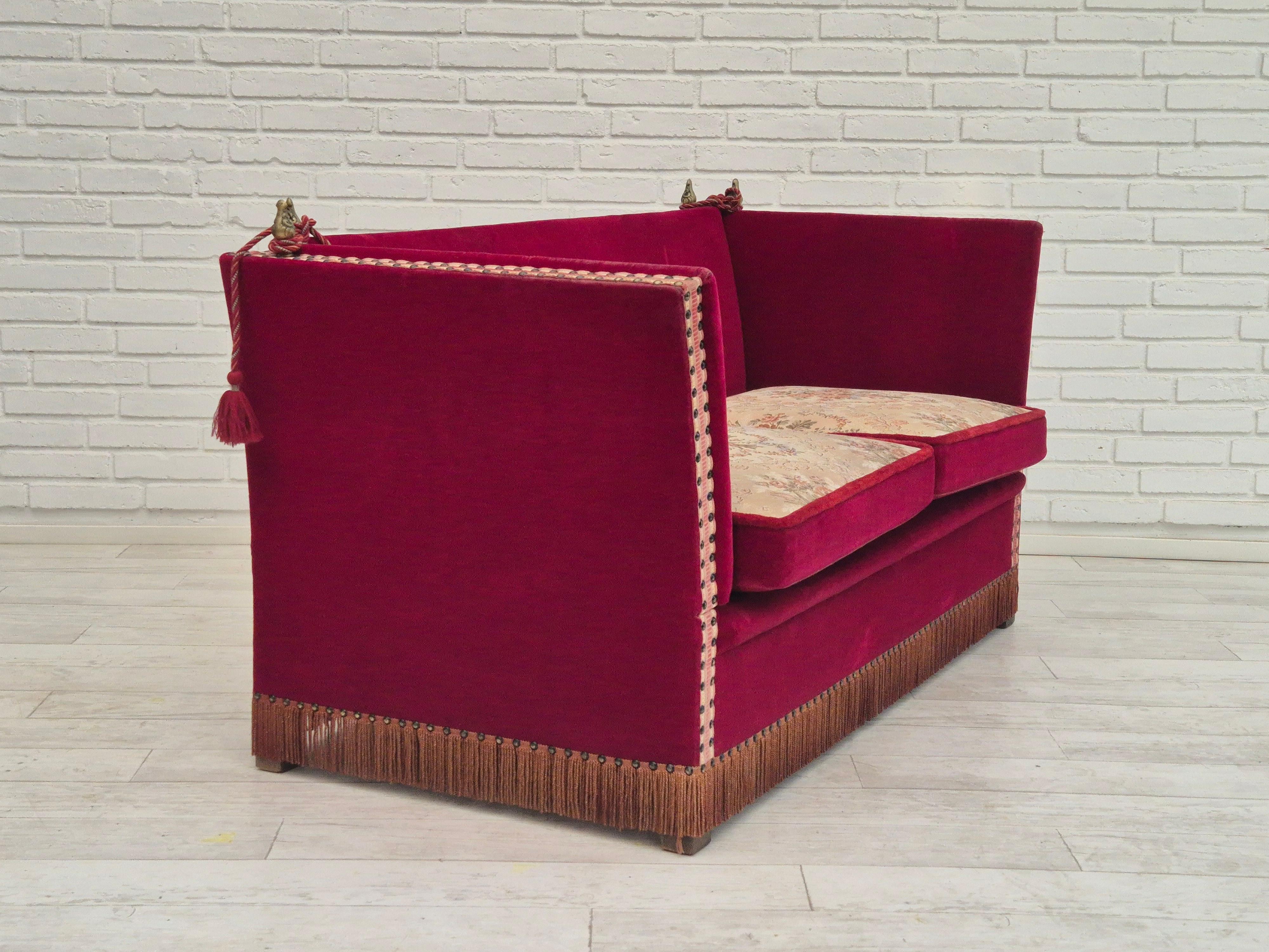 Scandinavian Modern 1960s, Danish velour 2 seater drop arm sofa, velour, original condition. For Sale