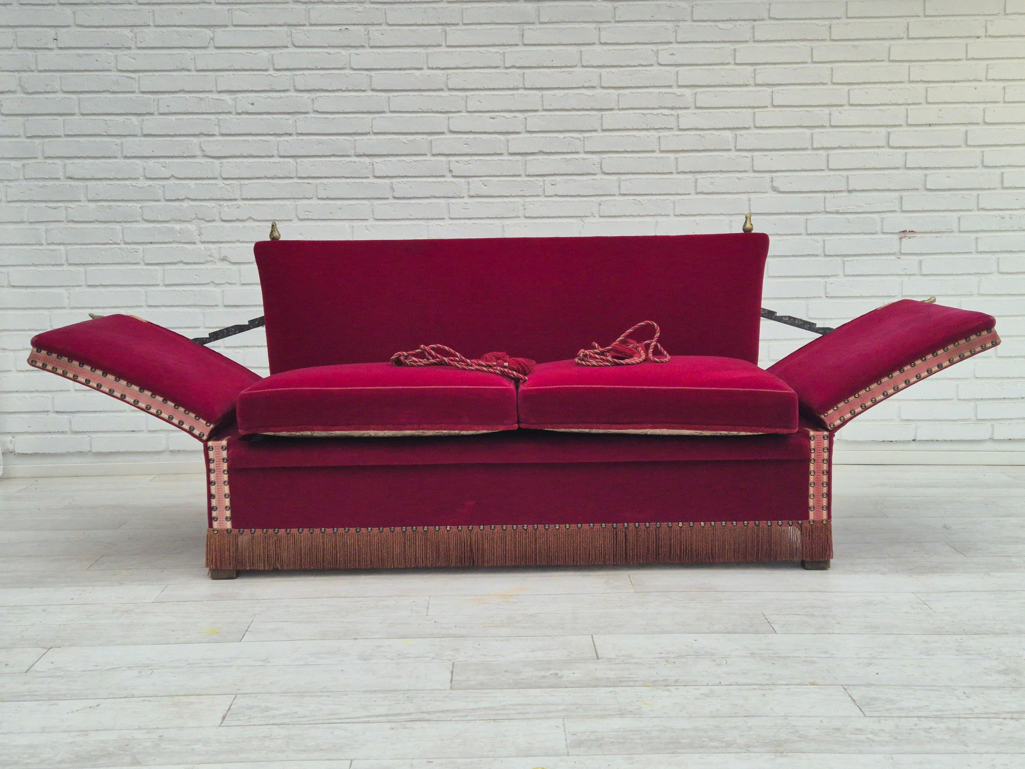 1960s, Danish velour 2 seater drop arm sofa, velour, original condition. In Good Condition For Sale In Tarm, 82