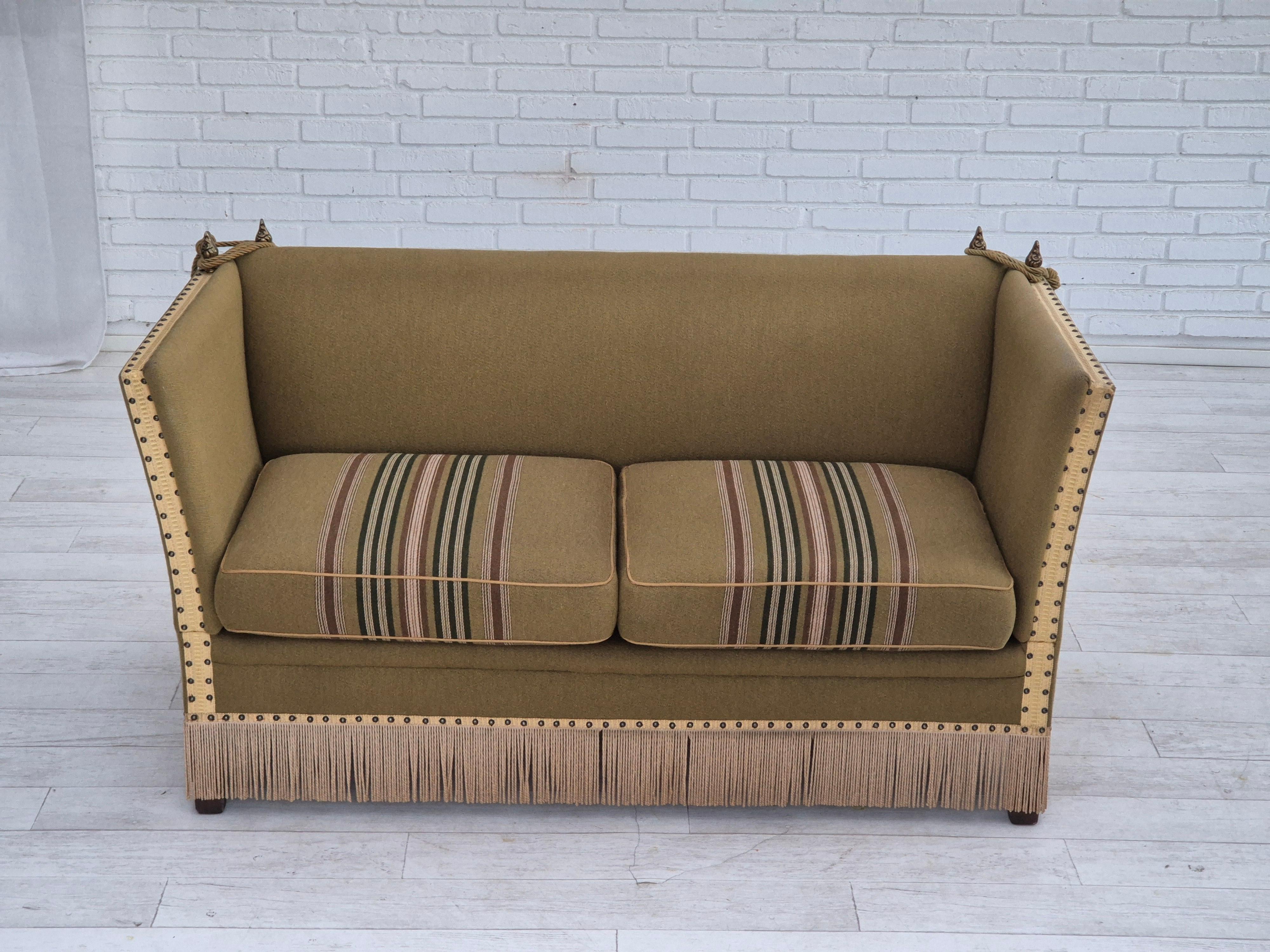 Scandinavian Modern 1960s, Danish velour 2 seater drop arm sofa, wool, original condition. For Sale
