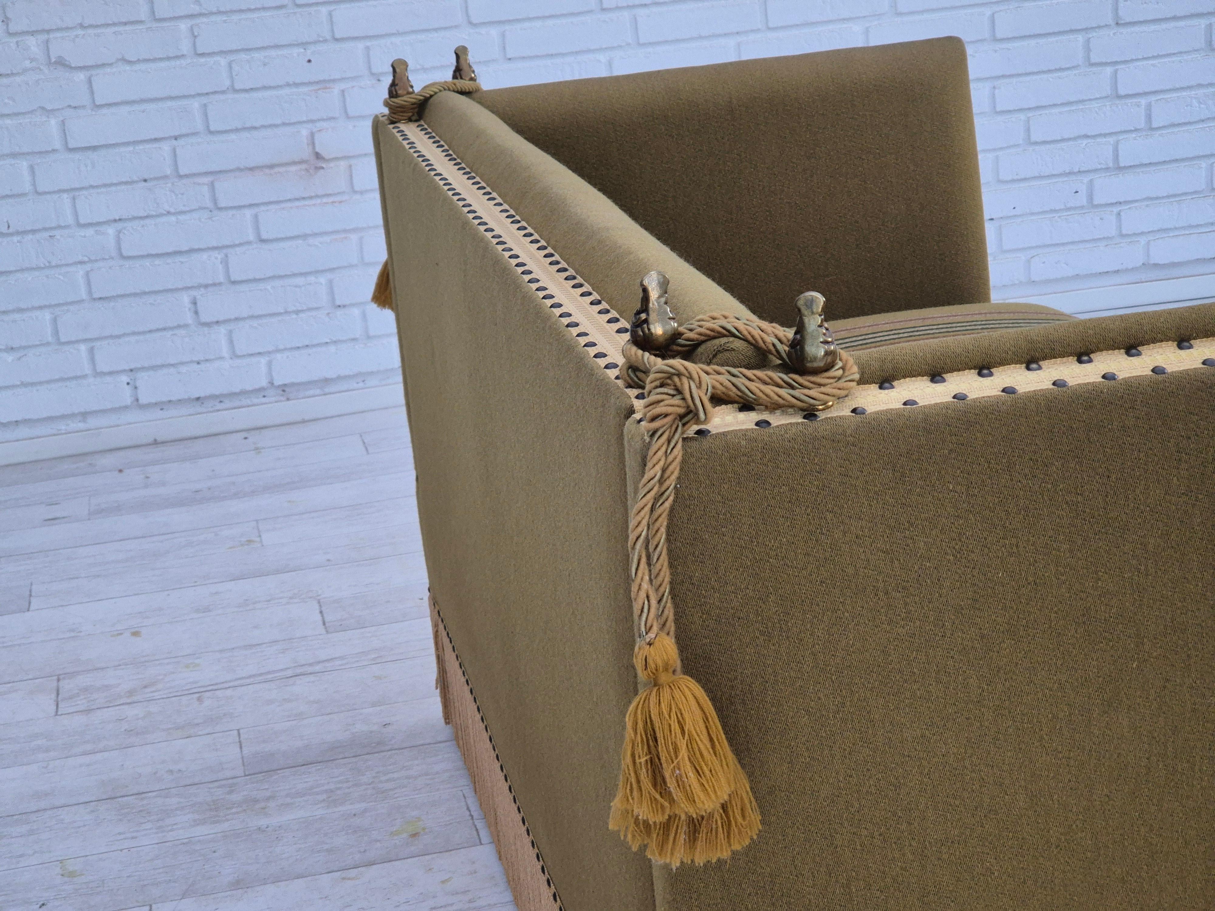 1960s, Danish velour 2 seater drop arm sofa, wool, original condition. For Sale 1