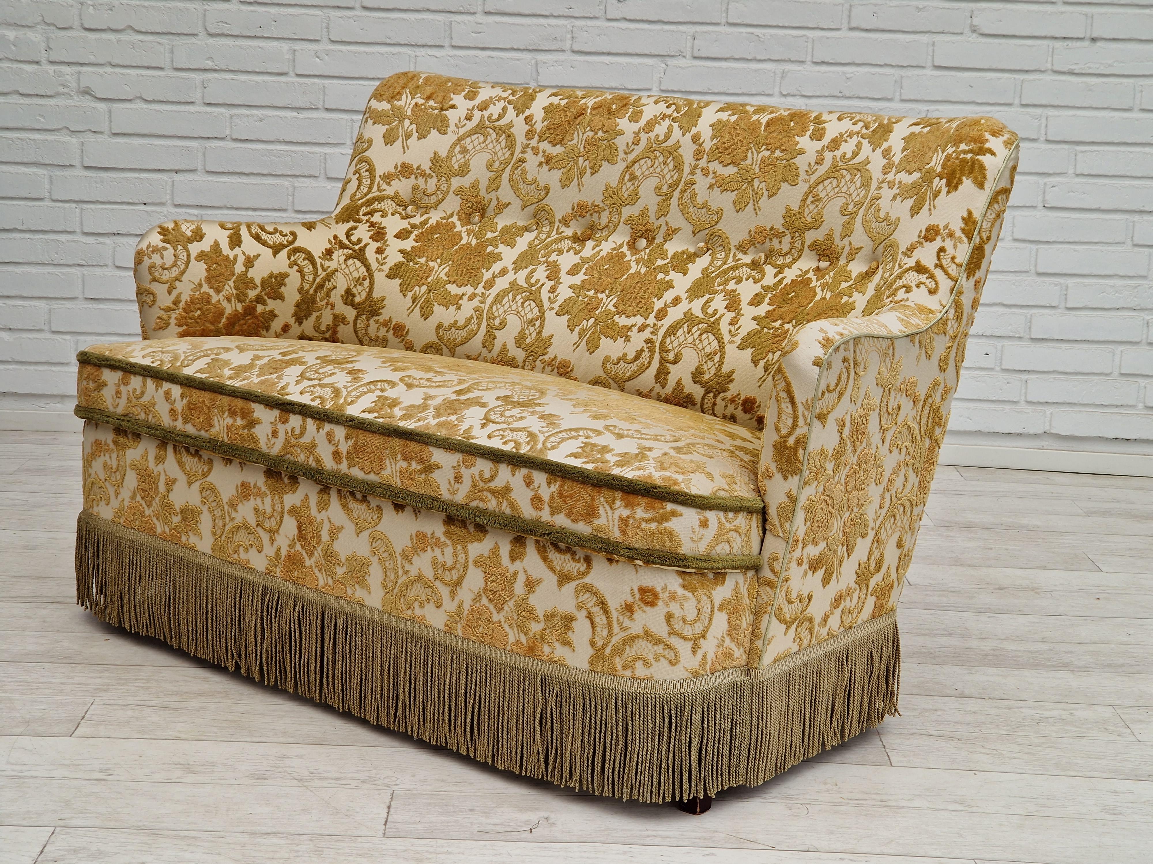 1960s, Danish velour 2 seater sofa, original condition, beech wood. For Sale 4