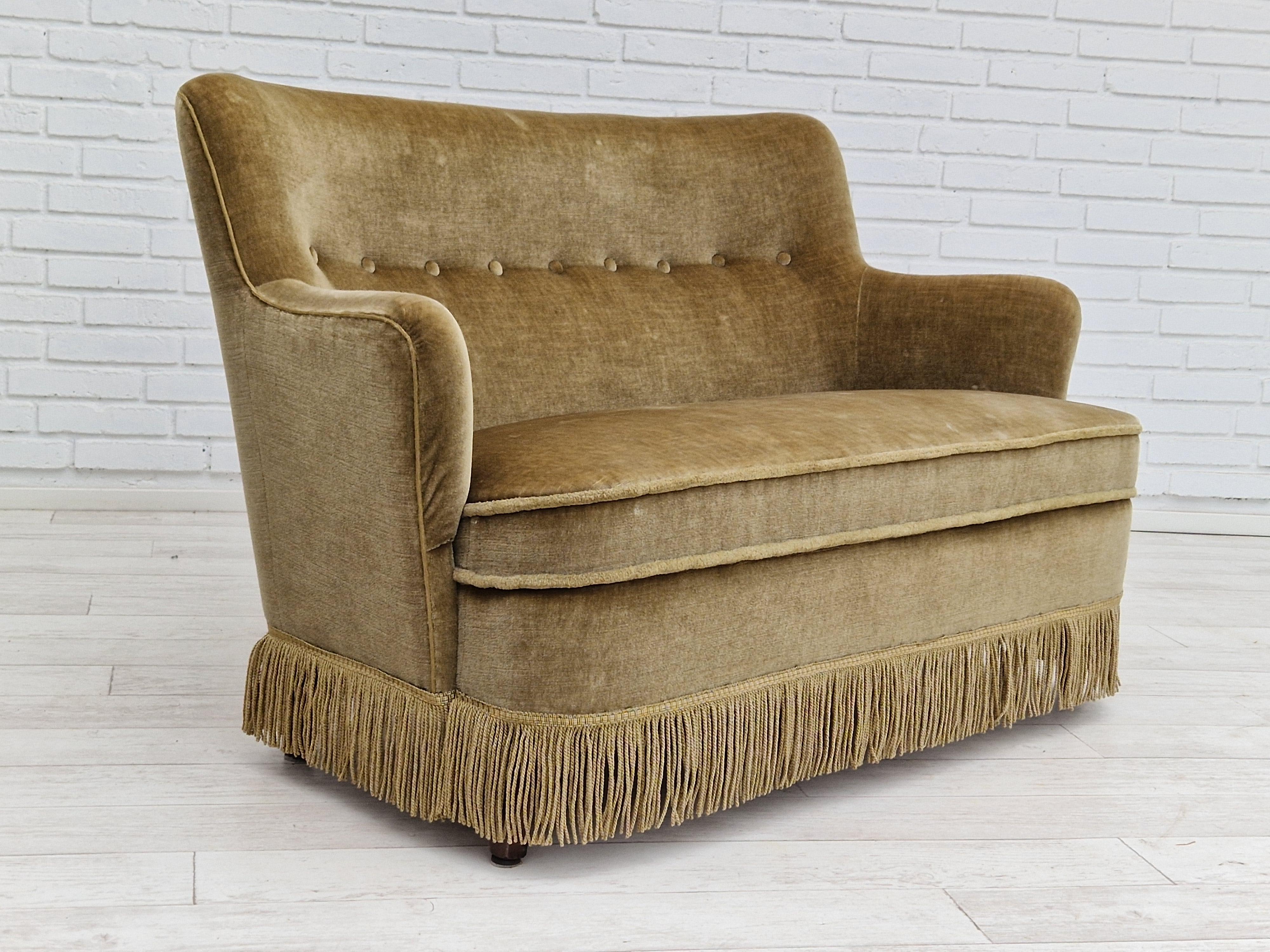 1960s, Danish Velour 2 Seater Sofa, Original Condition, Beechwood 8