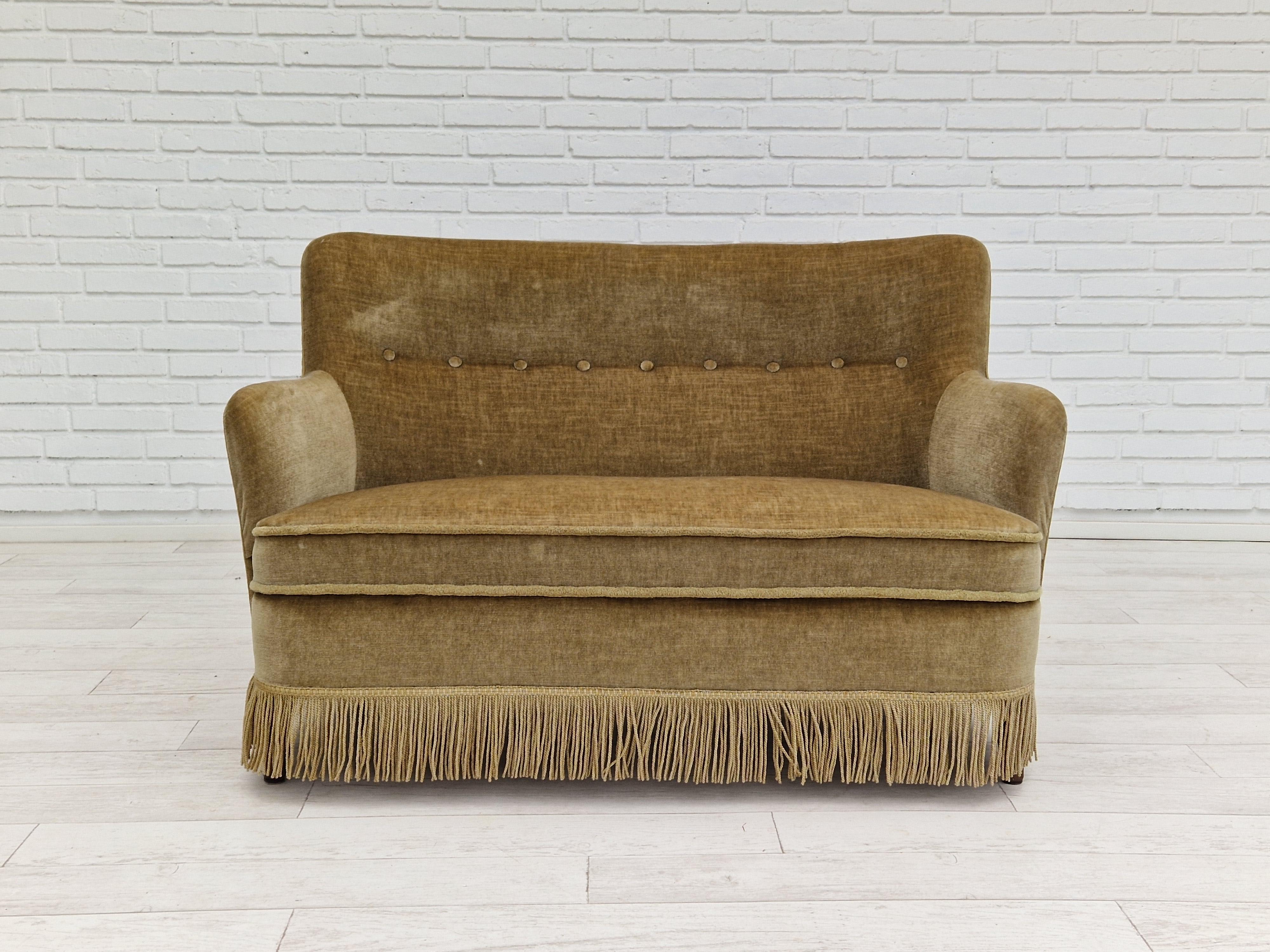 1960s, Danish Velour 2 Seater Sofa, Original Condition, Beechwood 9
