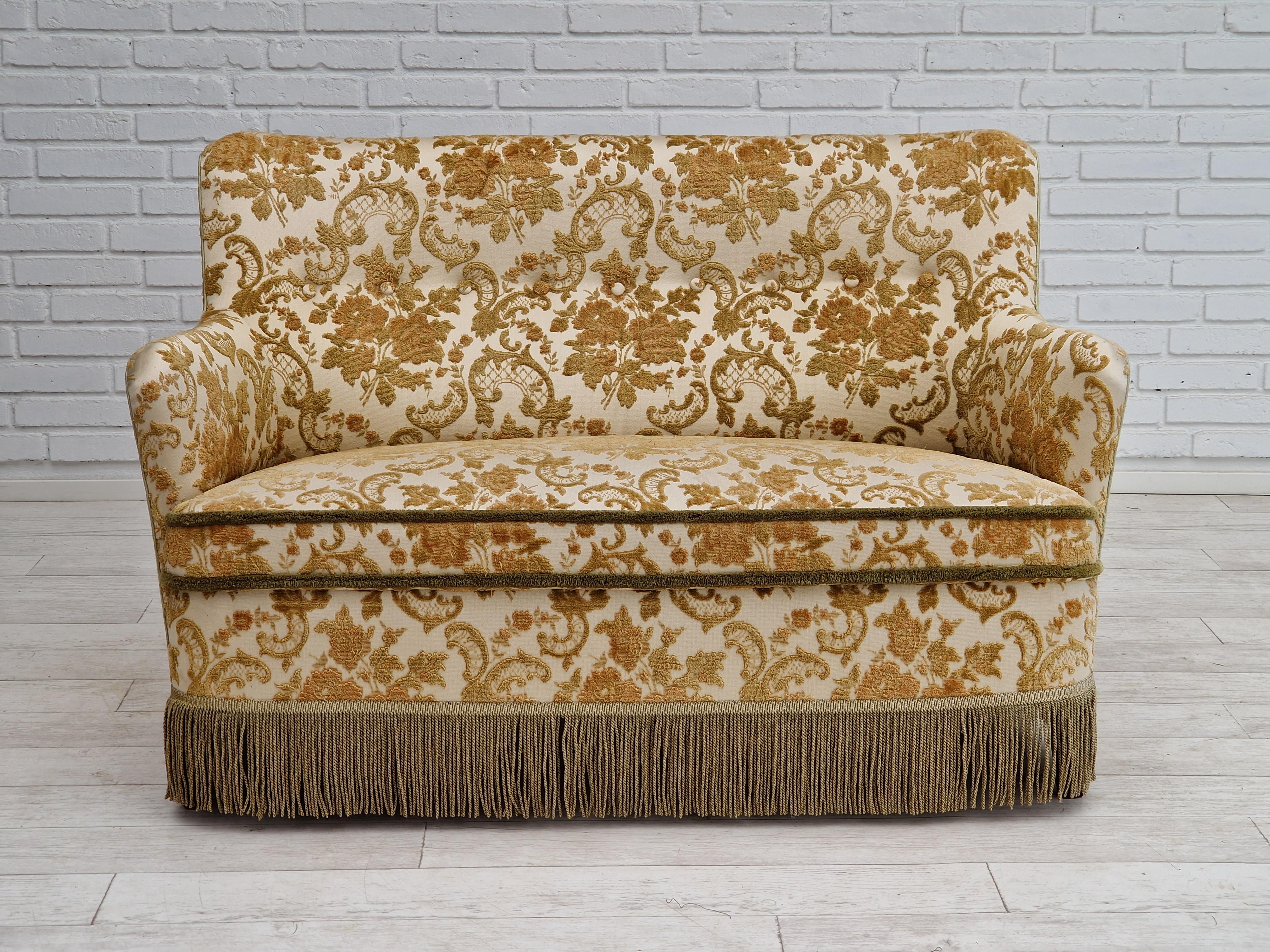 1960s, Danish velour 2 seater sofa, original condition, beech wood. For Sale 1