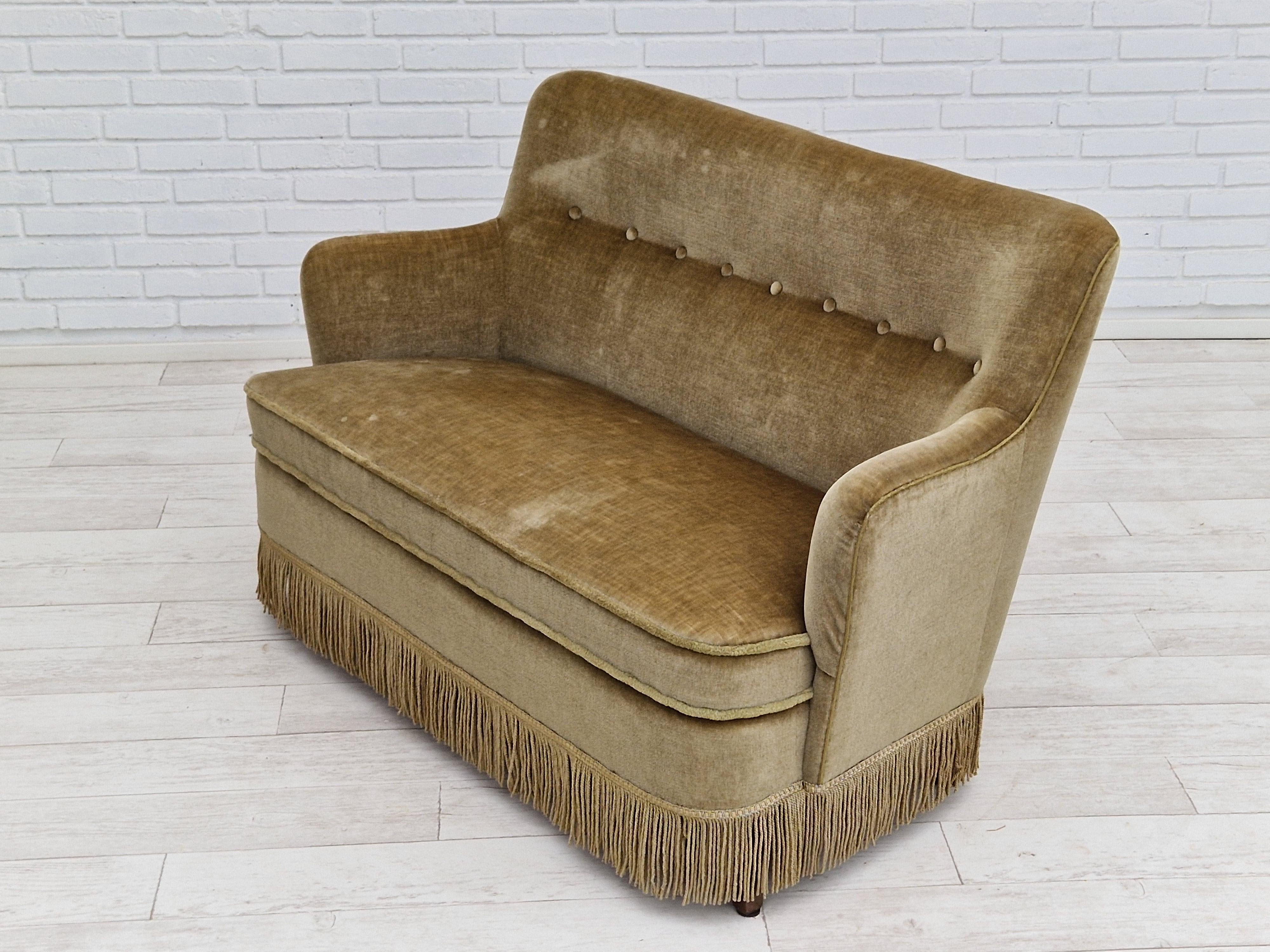 1960s, Danish Velour 2 Seater Sofa, Original Condition, Beechwood 3