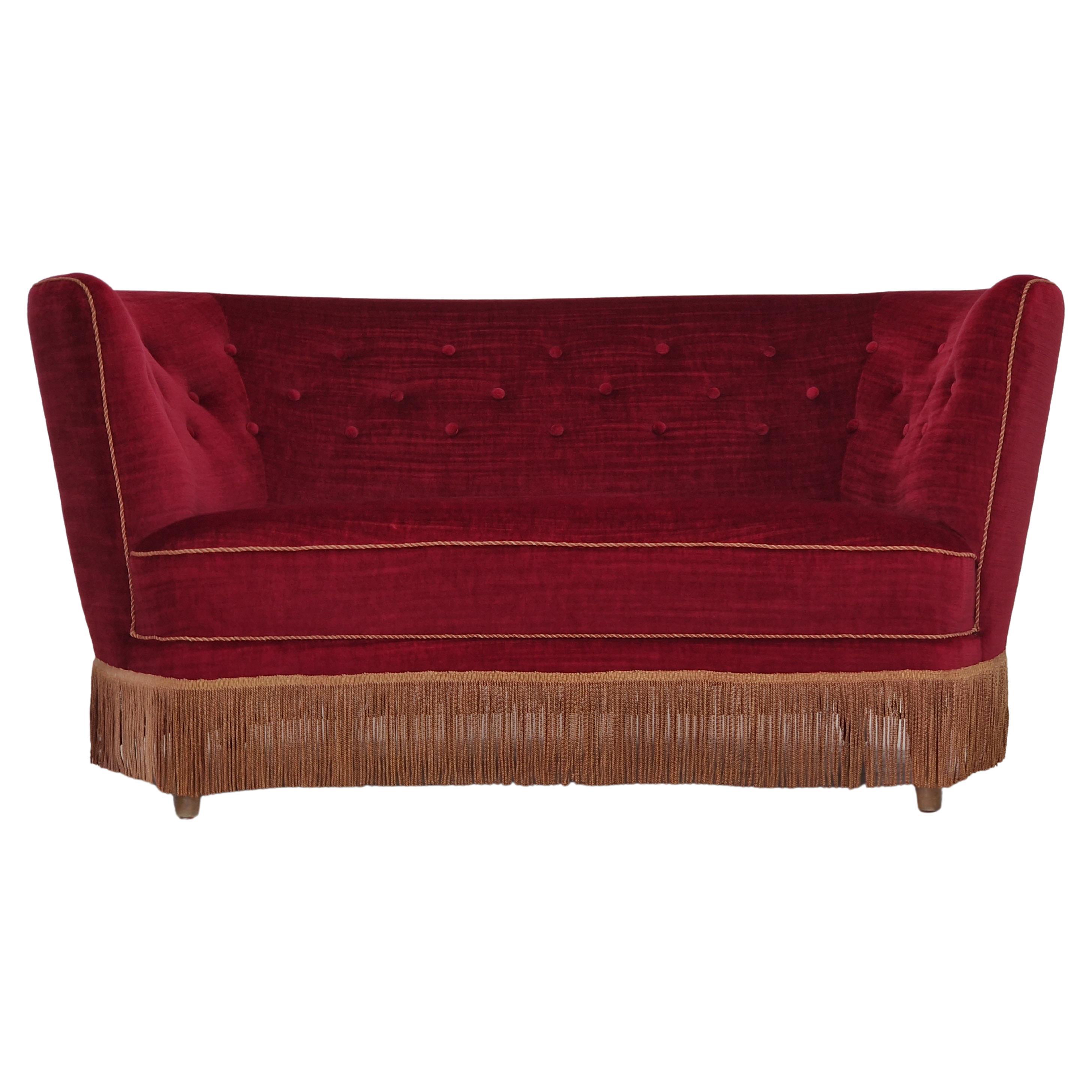 1960s, Danish Vintage 2 Seater "Banana" Sofa, Cherry-Red, Original Condition