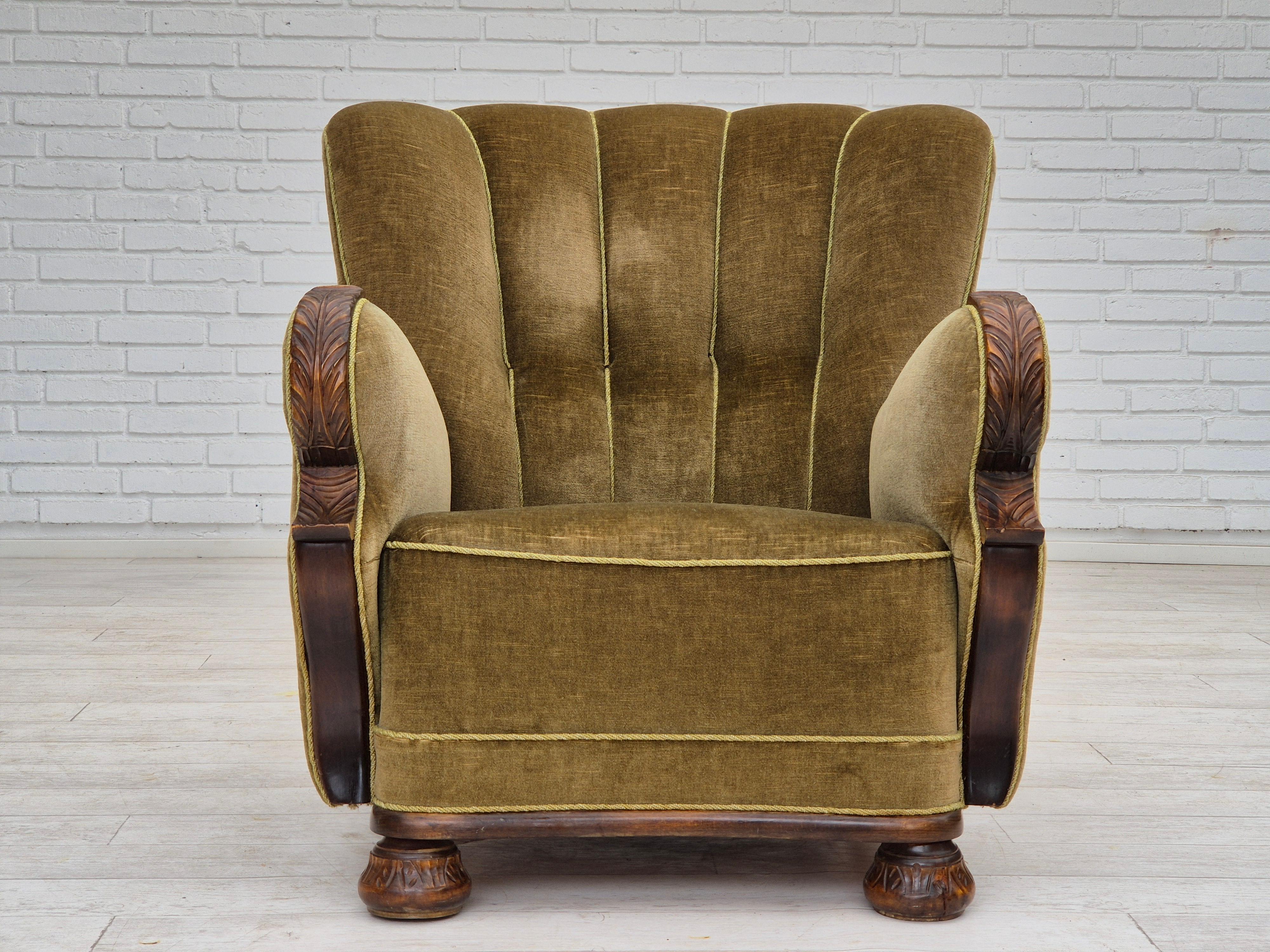 Scandinavian Modern 1960s, Danish vintage armchair, furniture velour, dark beech wood.