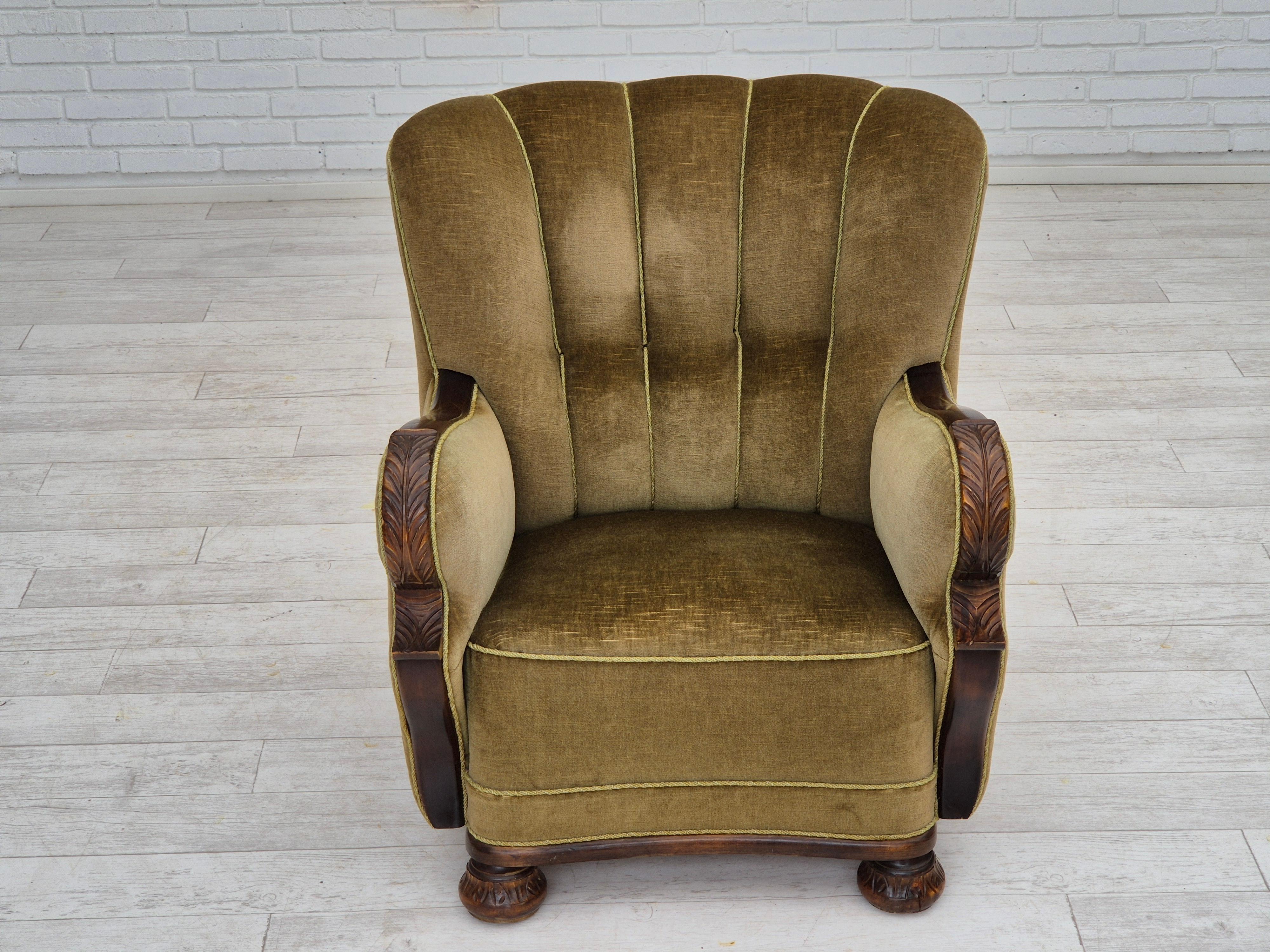 1960s, Danish vintage armchair, furniture velour, dark beech wood. In Good Condition In Tarm, 82